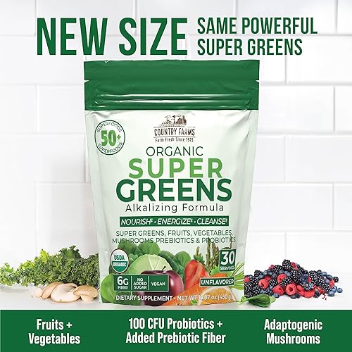 Miniatura 5 de COUNTRY FARMS Super Greens Sabor natural, 50 súper alimentos orgánicos, mezcla de bebida orgánica USDA (pasto de trigo, espirulina, clorella),
