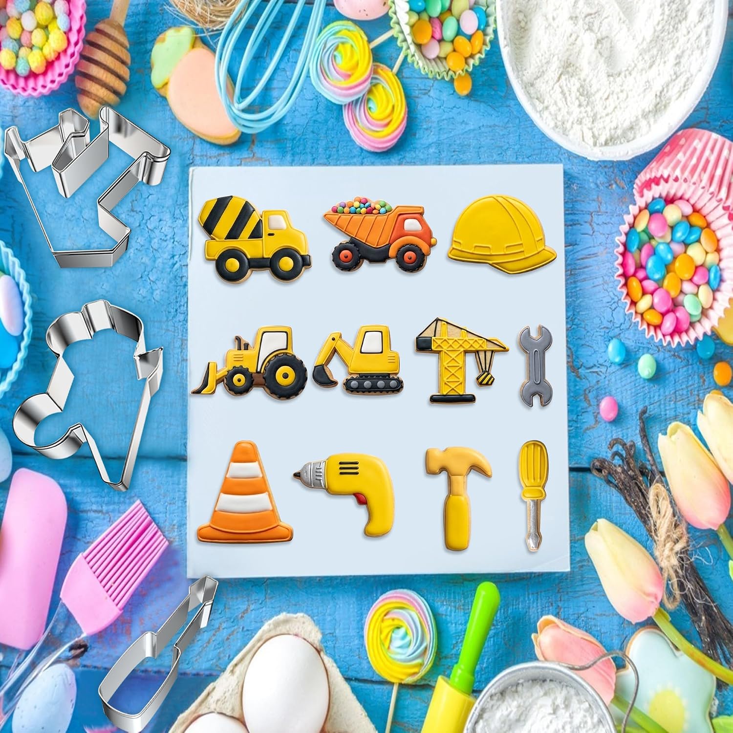 11 PCS Construction Cookie Cutters Set, Excavator, Bulldozer, Dump Truck, Crane, Hammer, Wrench, Drill, Safety Helmet Construction Tools Cutters Molds Set for Construction Themed Party