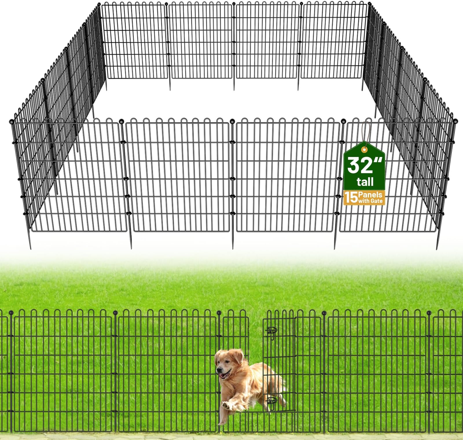15 Panels No Dig Decorative Garden Fence with Gate for Yard, 32 in(H) X 35.4 ft(L) Animal Barrier Fencing for Outdoor Dog, Metal Portable Garden Fences for Borders, Pets, Landscape, Temporary Fence