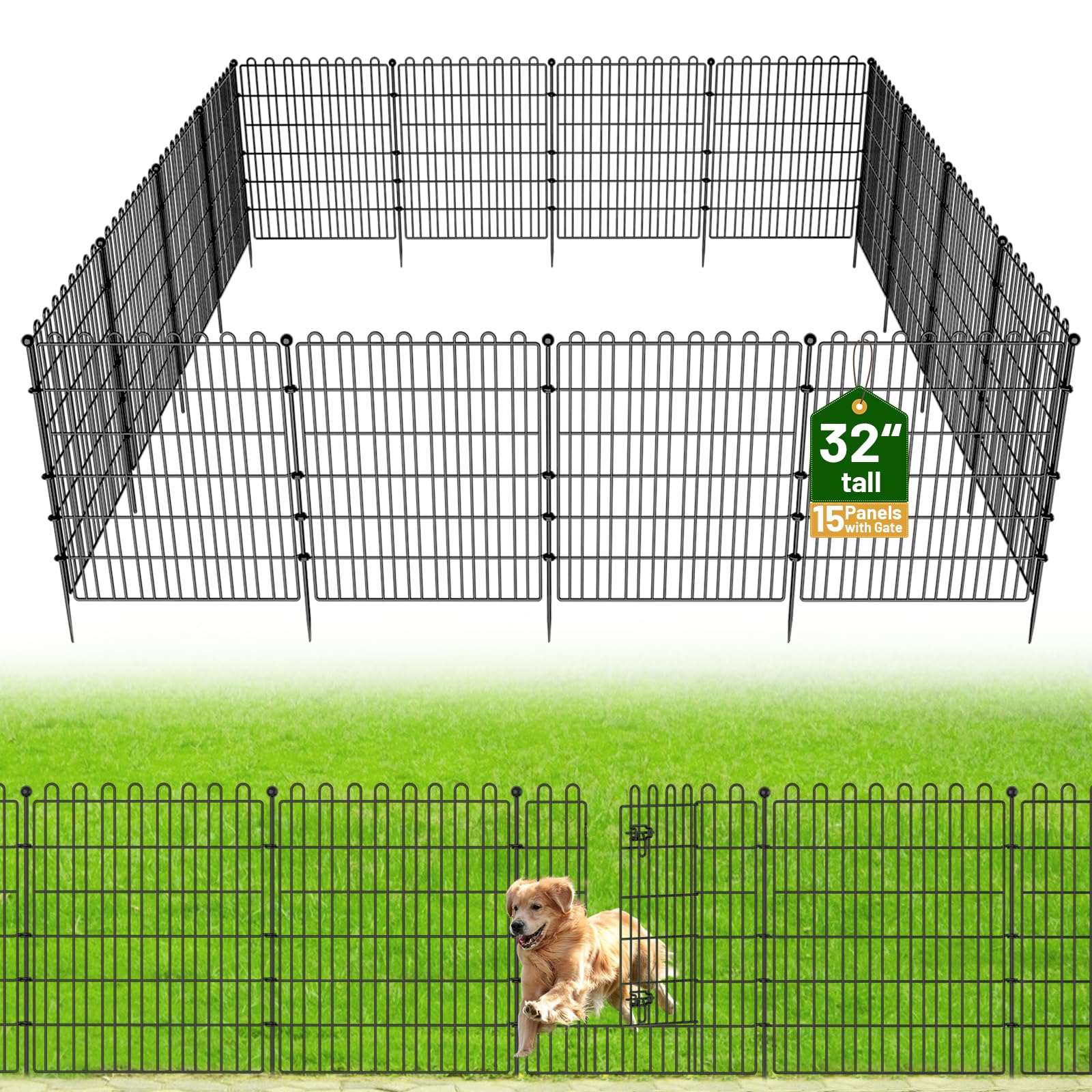 15 Panels No Dig Decorative Garden Fence with Gate for Yard, 32 in(H) X 35.4 ft(L) Animal Barrier Fencing for Outdoor Dog, Metal Portable Garden Fences for Borders, Pets, Landscape, Temporary Fence
