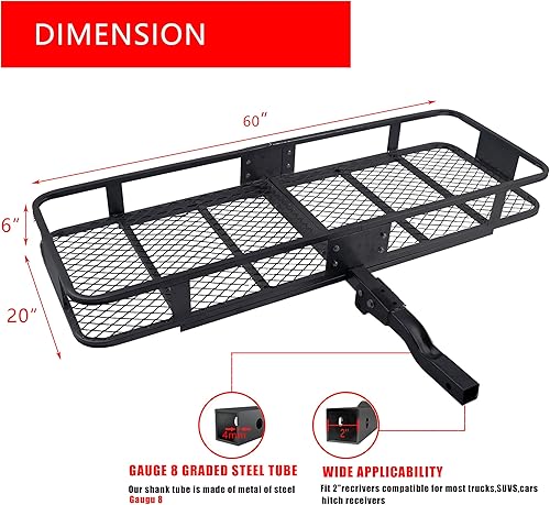 Miniatura 2 de Cesta de transporte de carga plegable de 60 x 20 x 6 pulgadas, capacidad de 500 libras, montaje de enganche para receptores de 2 pulgadas,
