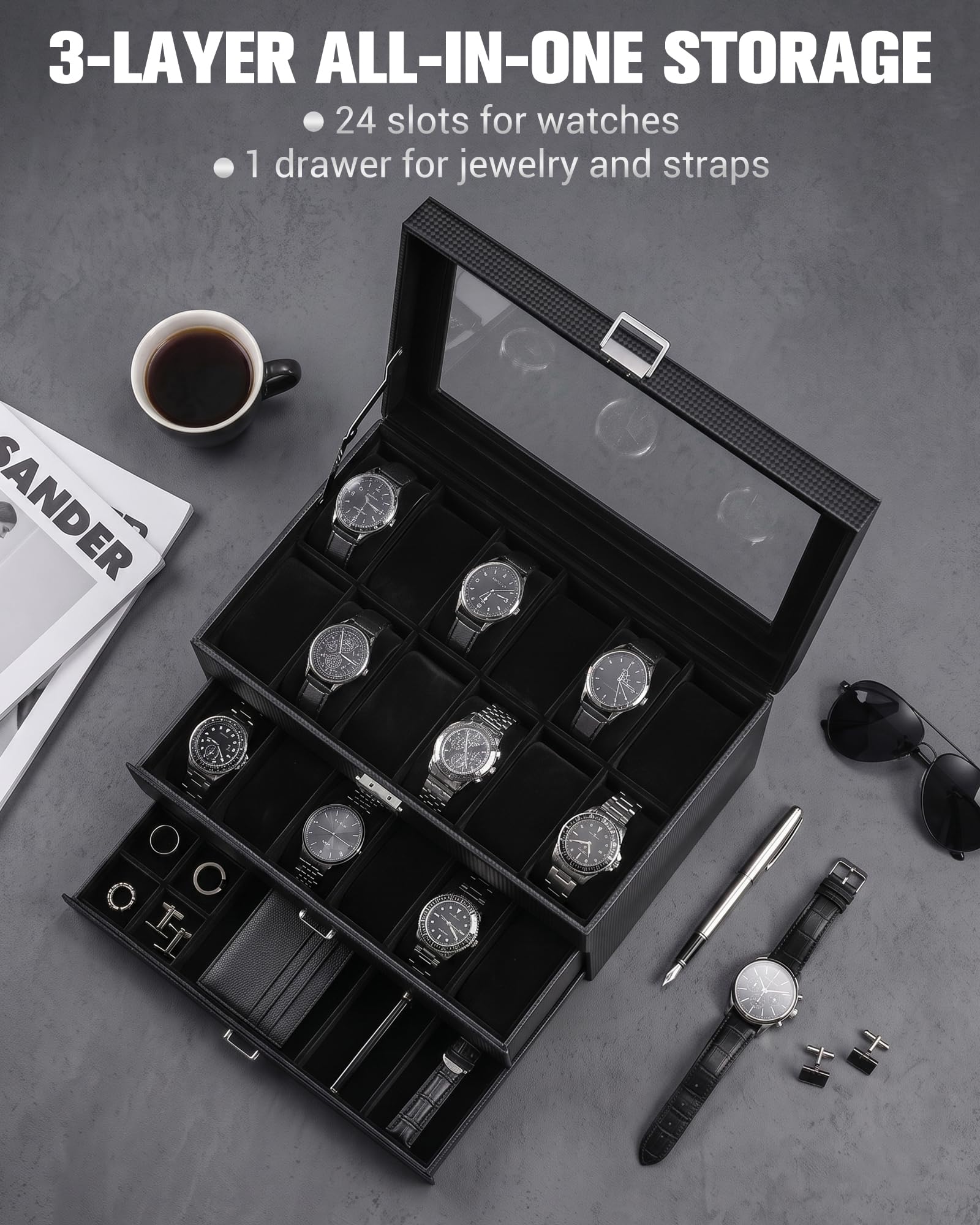 Lolalet Caja para Relojes con 24 Ranuras, 3 Niveles -Negro Puro