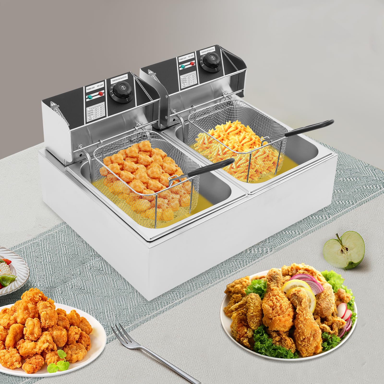 Friggitrice elettrica doppia in acciaio inox, 6+6L, 2,5 KW+2,5 KW, friggitrice commerciale a due contenitori con controllo indipendente della temperatura e 2 cesti filtranti, 55 x 44 x 15 cm