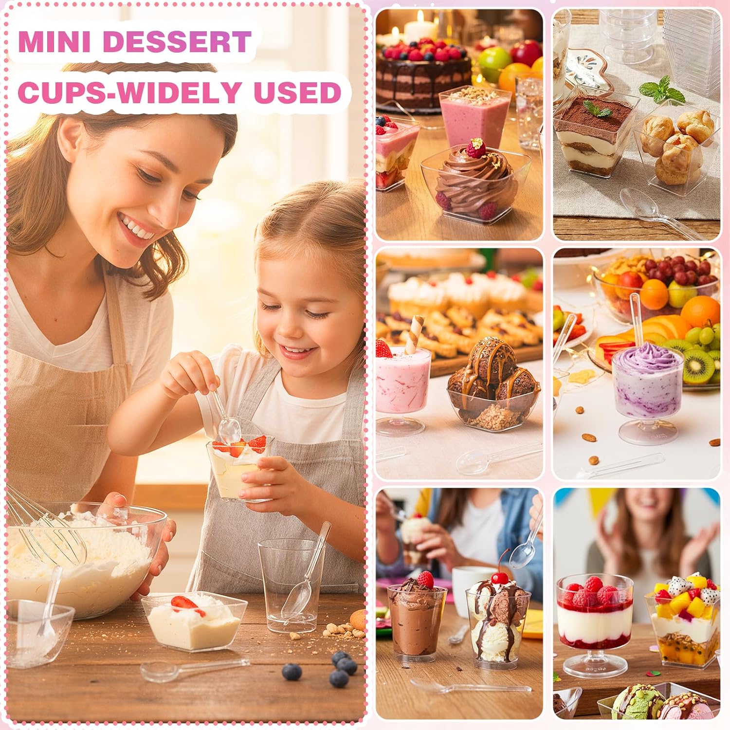 400 Pcs Mini Dessert Cups with Spoons, 6 Styles Plastic Dessert Cups, Clear Vasitos Para Postres for Party Wedding, Disposable Shooters Cups Serving Fruit Cake Pudding Ice Cream