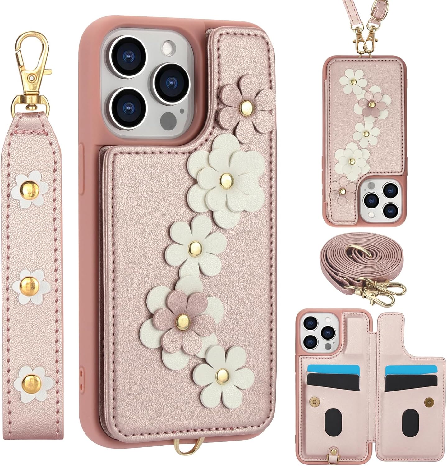 Wallet Case Compatible with iPhone 14 pro max with Lanyard for Women Girls Flower PU Leather Cover with Card Holder and Wrist Strap Flip Cover with Stand 4 Card Slots Protective Case,Purple