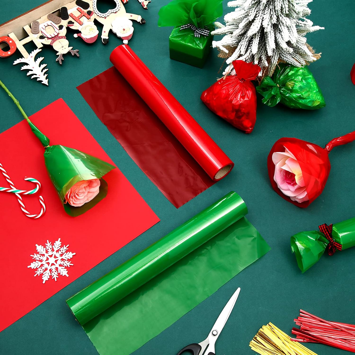 2 Rolls Christmas Cellophane Wrap Roll Green Red Cellophane Wrap 12 in x 49.25 ft Colored Cellophane Wrapping Paper Plastic Wrap for Gift Basket Treats Wrapping Holiday Decoration