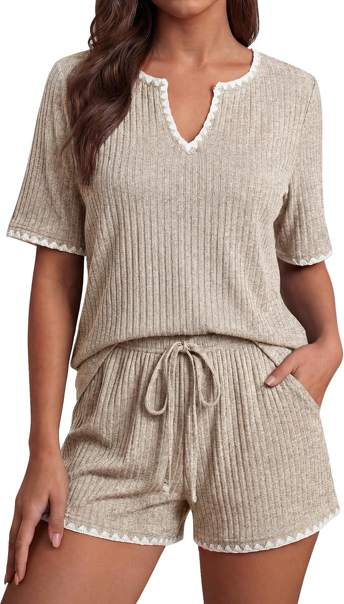Blooming Jelly Women Color Block Knit Ribbed PJ Shorts Sets Soft Loungewear
