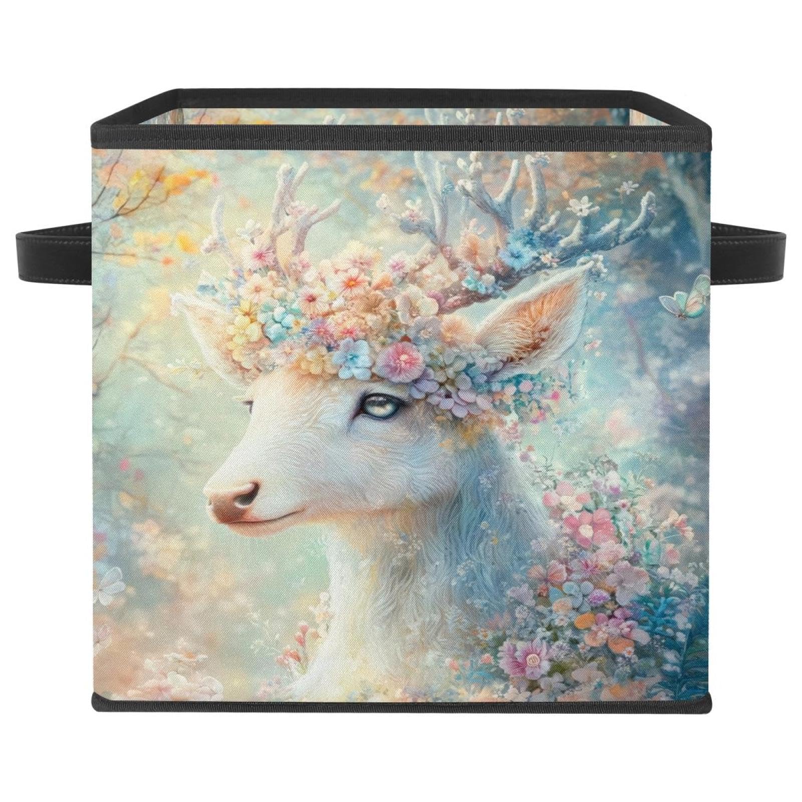 Boîte de rangement cerf blanc 28cm cube pliable en tissu Oxford avec double poignées