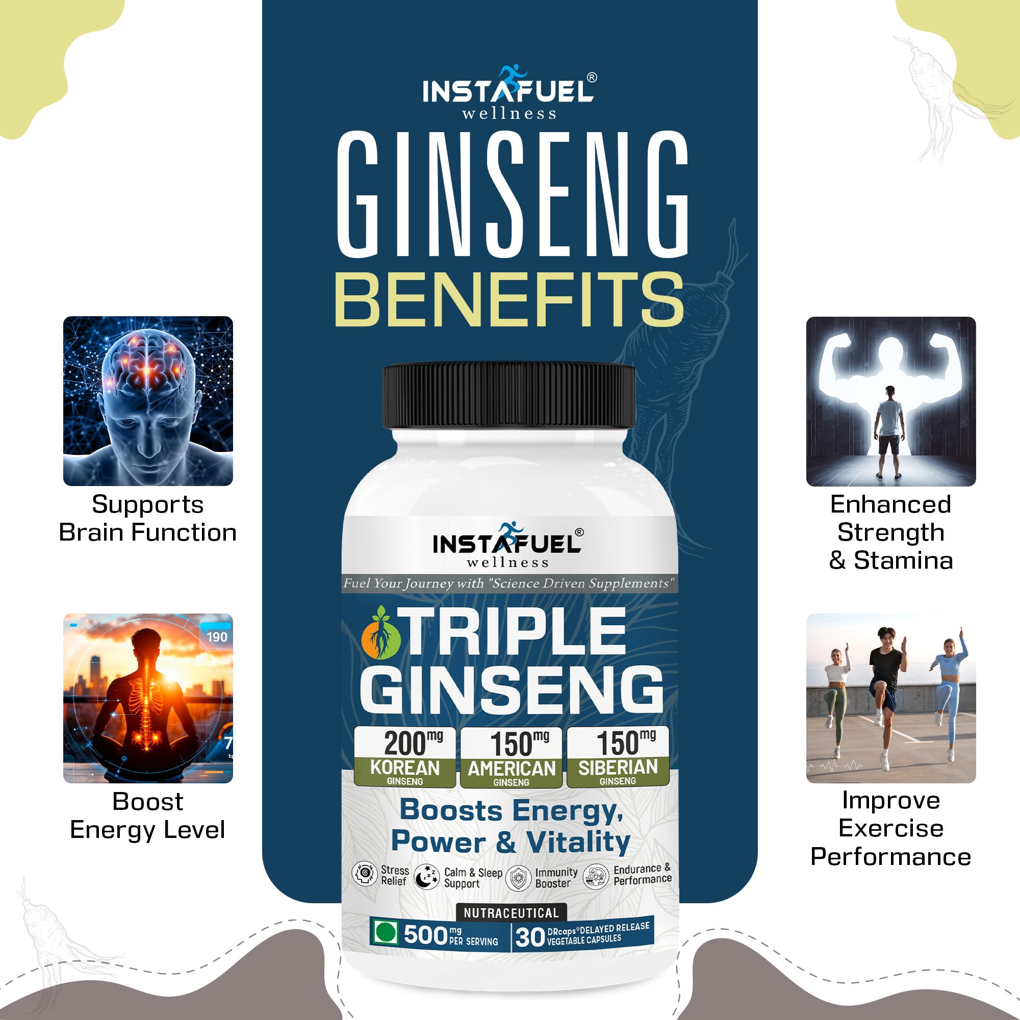 Instafuel Triple Ginseng Supplement | Korean, American & Siberian Ginseng | Boosts Energy, Strength, Stamina, Power & Vitality | Stress Relief, Brain & Sleep Support | Immunity Booster - 30 Capsules — Amazon image 8