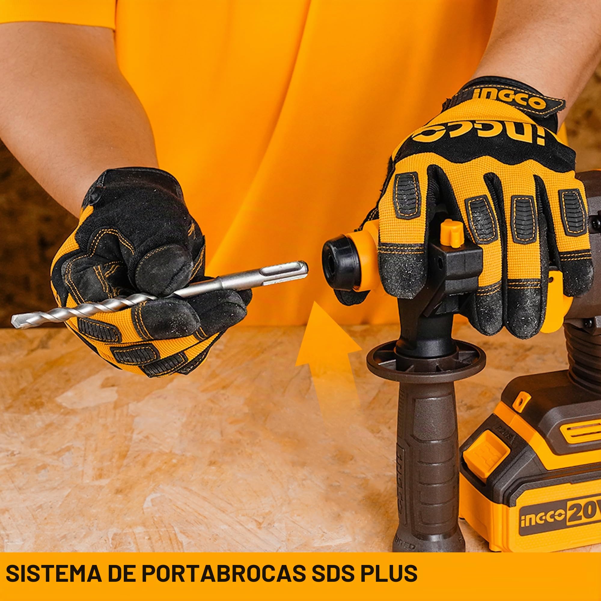 INGCO Martillo Percutor Perforador Inalámbrico 20 V (producto solo), motor sin escobillas, Φ22 MM en hormigón, SDS-Plus, 2.0J, 4 funciones, 1100 rpm, 5400 bpm, con 3 taladros y 1 cincel CRHLI20208