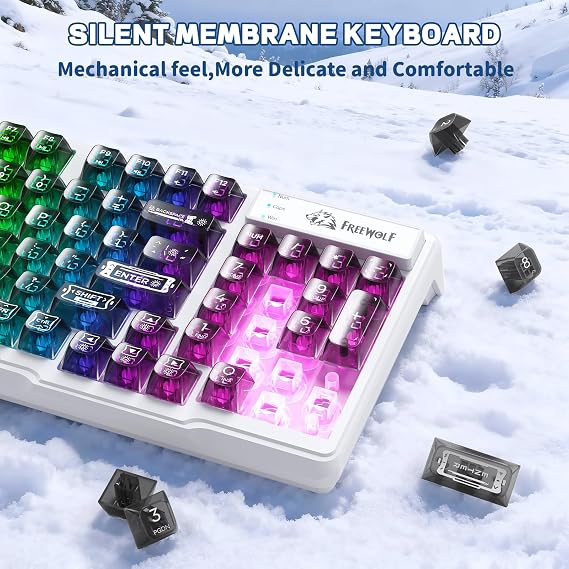 FREEWOLF M95 Transparent Membrane Keyboard with Clear Keycap,Wired Gaming Keyboard with RGB Backlit, 94 Silent Keys with Mechanical Feeling,26-Key Anti-ghosting,for Mac/Windows -Black