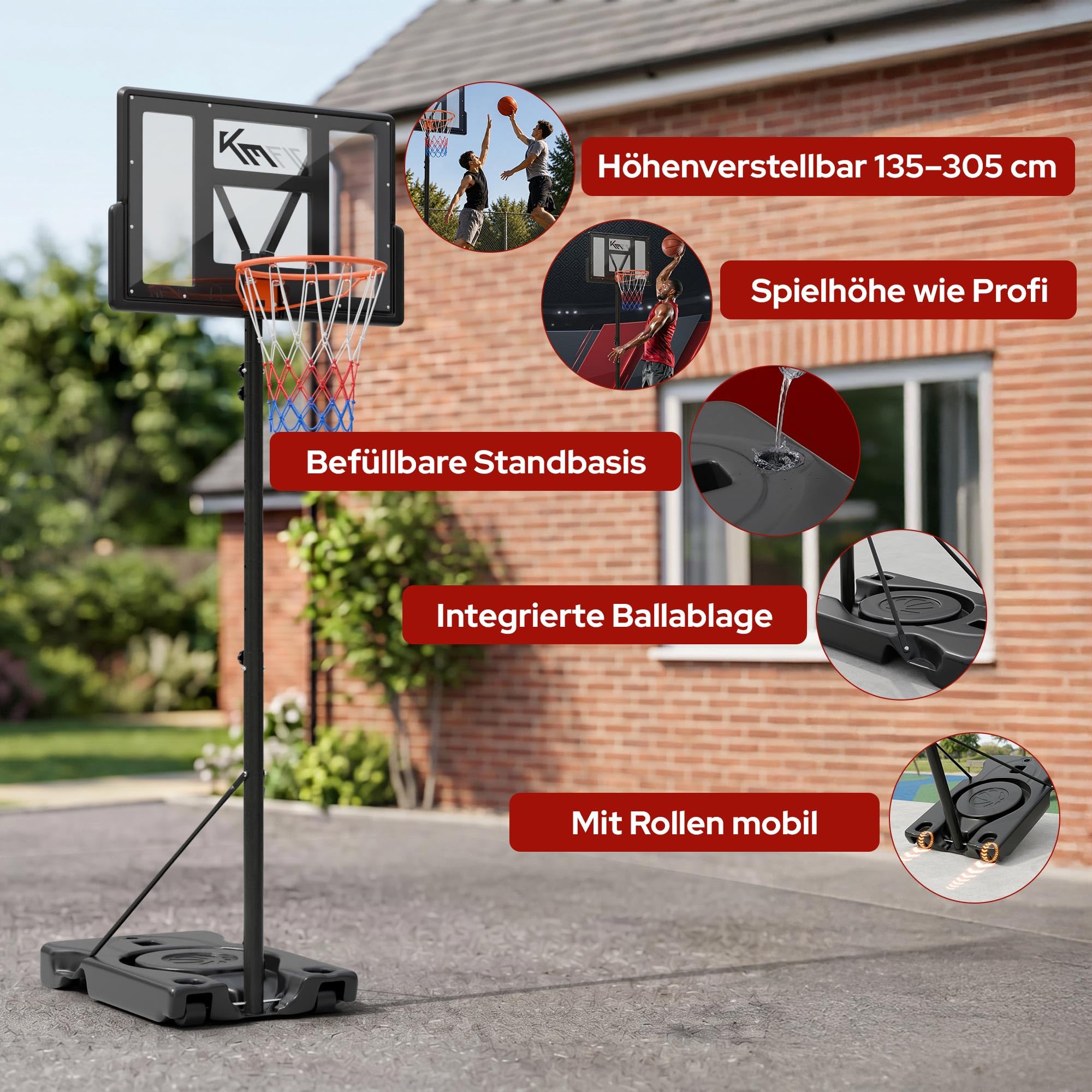 KM-Fit Basketballkorb Outdoor höhenverstellbar 135–305 cm | Mobiler Basketballständer mit Federkorb, Rollen & Backboard | Basketballanlage für Kinder, Jugendliche & Erwachsene | inkl. 2 Netze