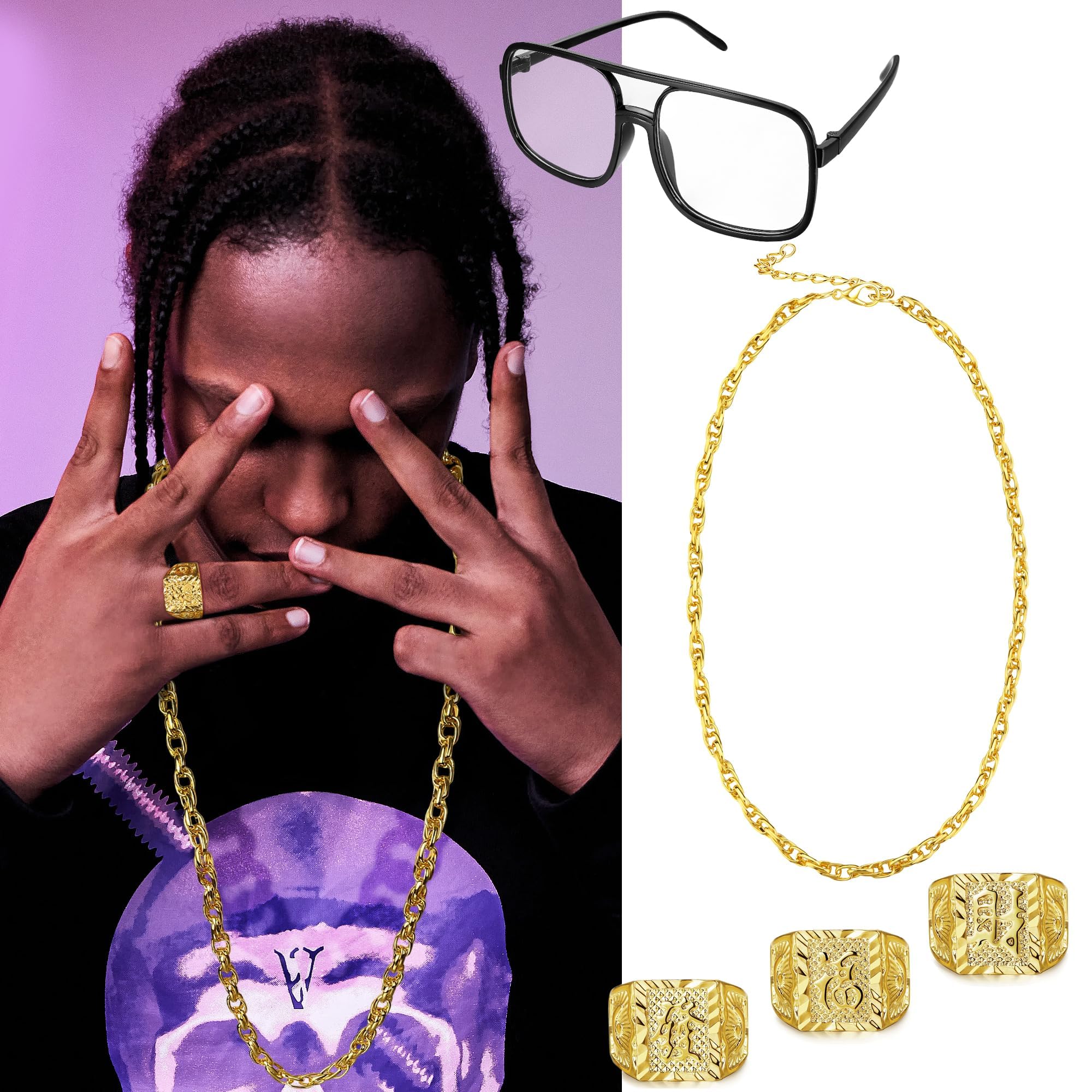 Diamday 80s 90s Kit de Costume Hip Hop Fausse Chaîne d'argent en Or Lunettes de Soleil Rapper Punk Boucles d'oreilles en Or Bracelets Chian Deguisement Annee 80 Homme