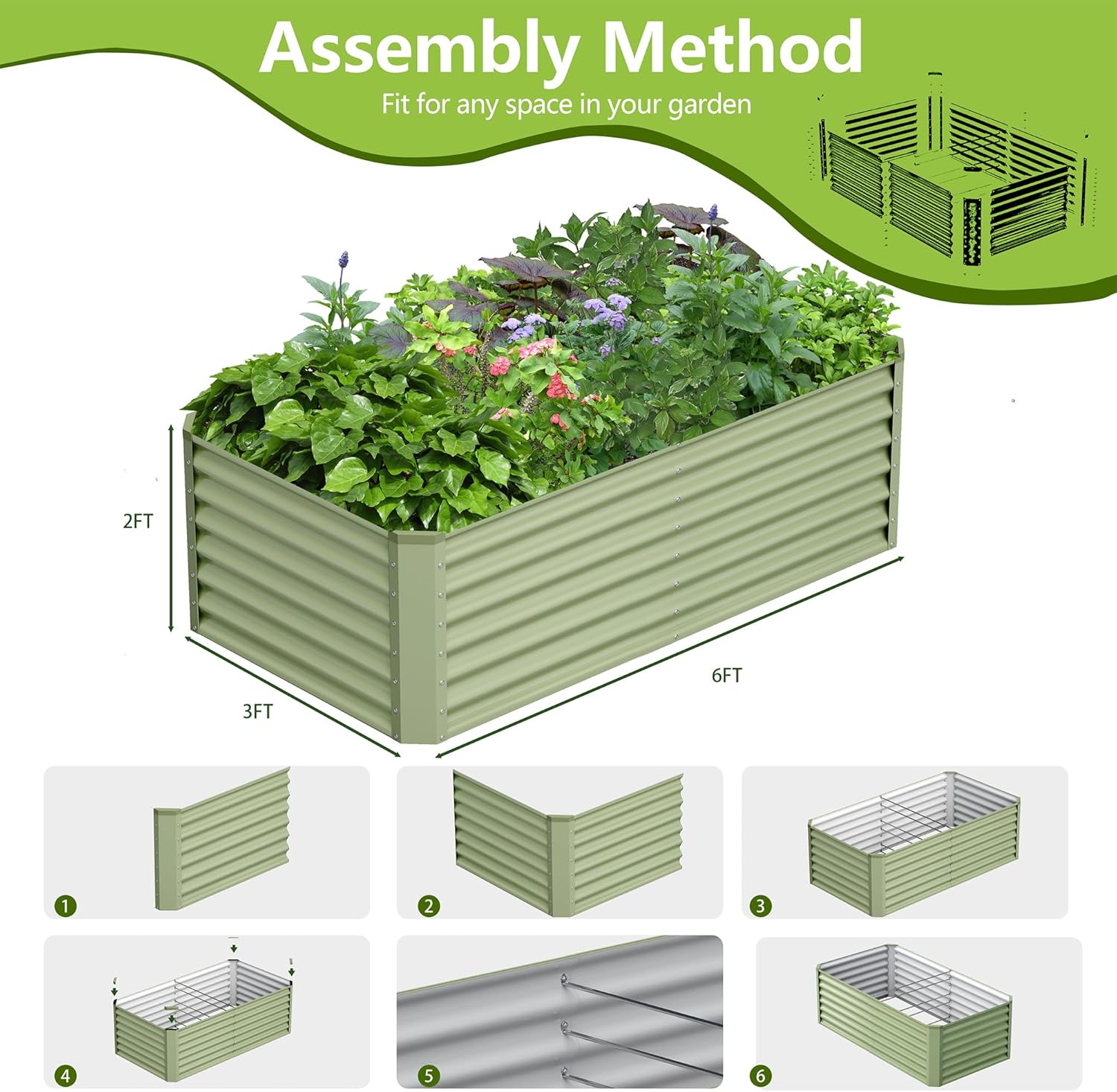 6x3x2FT Galvanized Raised Garden Bed,Galvanized Planter Boxes Outdoor, Large Metal Raised Garden Beds for Vegetables-Green