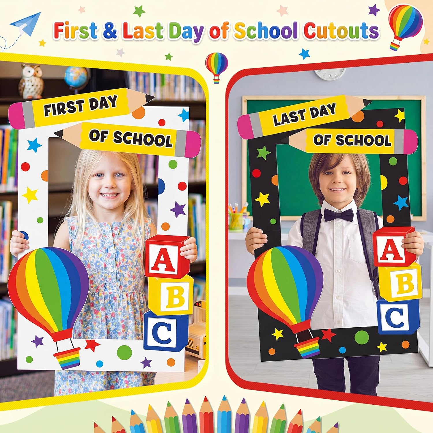 2 Pack Back to School Photo Booth Frames for Kids First and Last Day of School Picture Props 24 x 15 Inch Reusable Back to Schools Selfie Props for Welcome Classroom Party Decoration