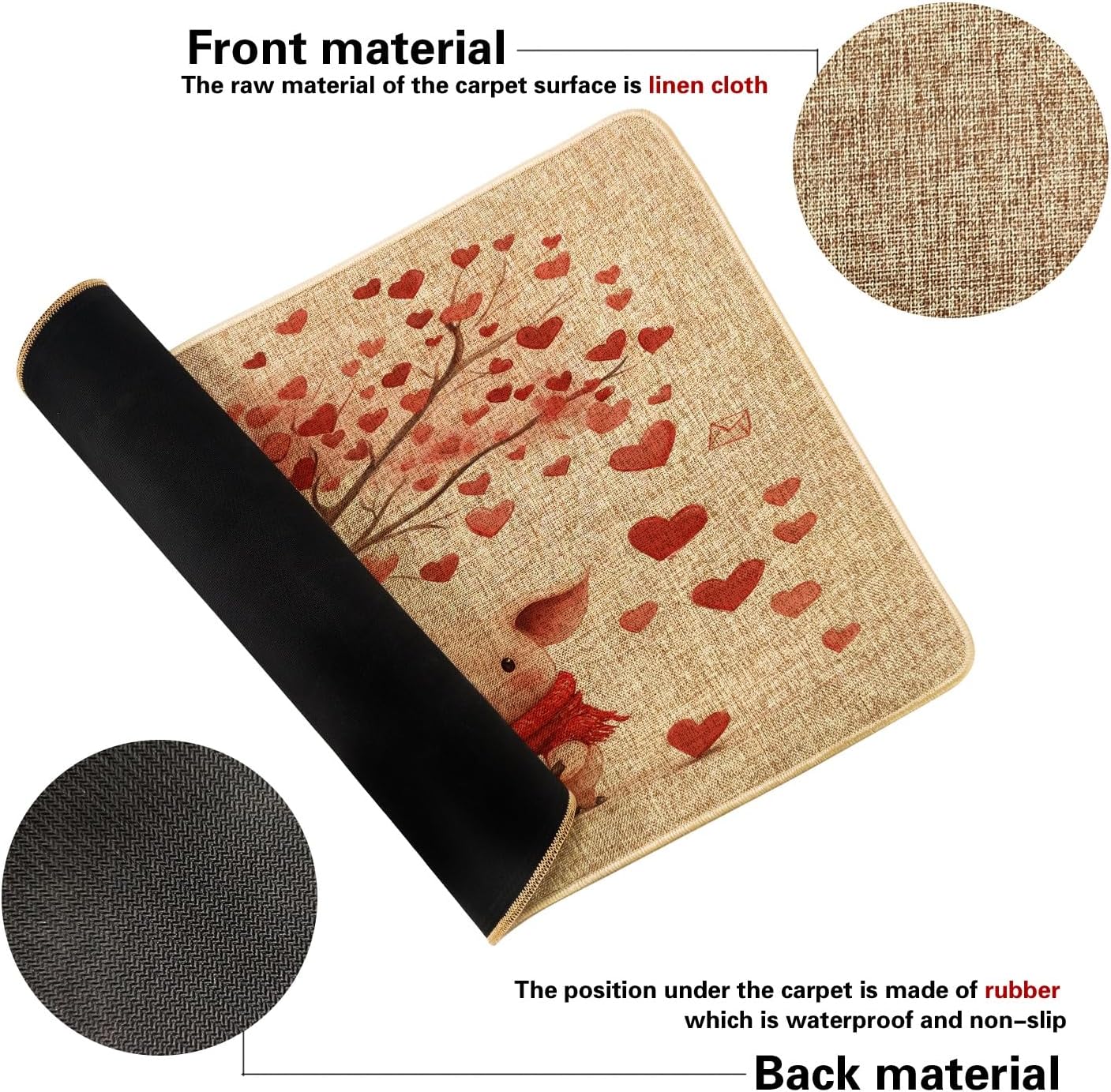 Valentine's Day Pig Front Black Door Mat Outside Inside Entrance 29x17 Inch, Fun Heart Tree Animal Outdoor Washable Doormat, Small Lover Holiday Patio Garage Shoes Off Door Rug