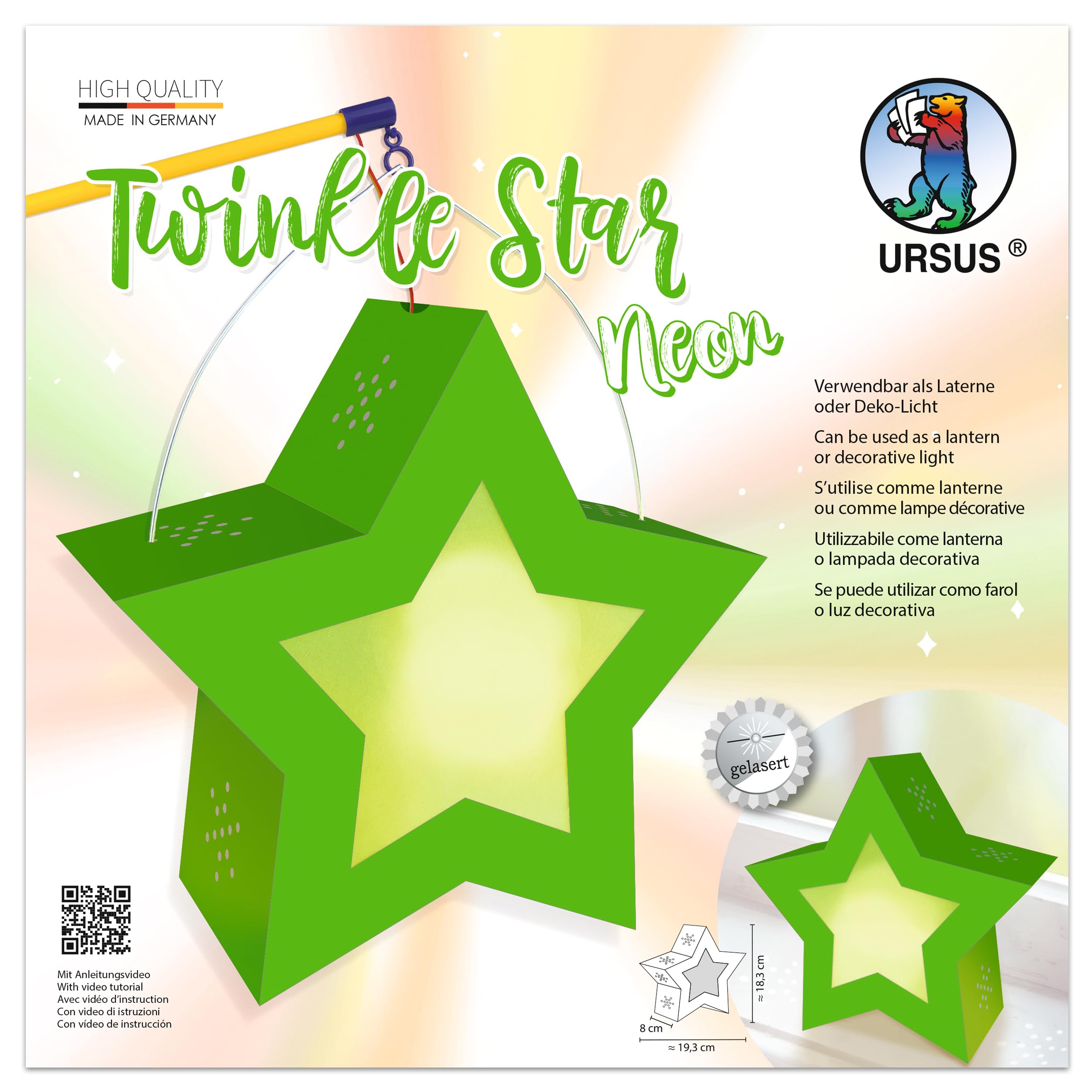 Ursus 1883 00 04 Twinkle Star Neon Green, Lantern Craft Set, 19.3 x 18.3 x 8 cm, 250 g/m², for Lantern Crafts, DIY Craft Set for Lantern Moving & Decoration