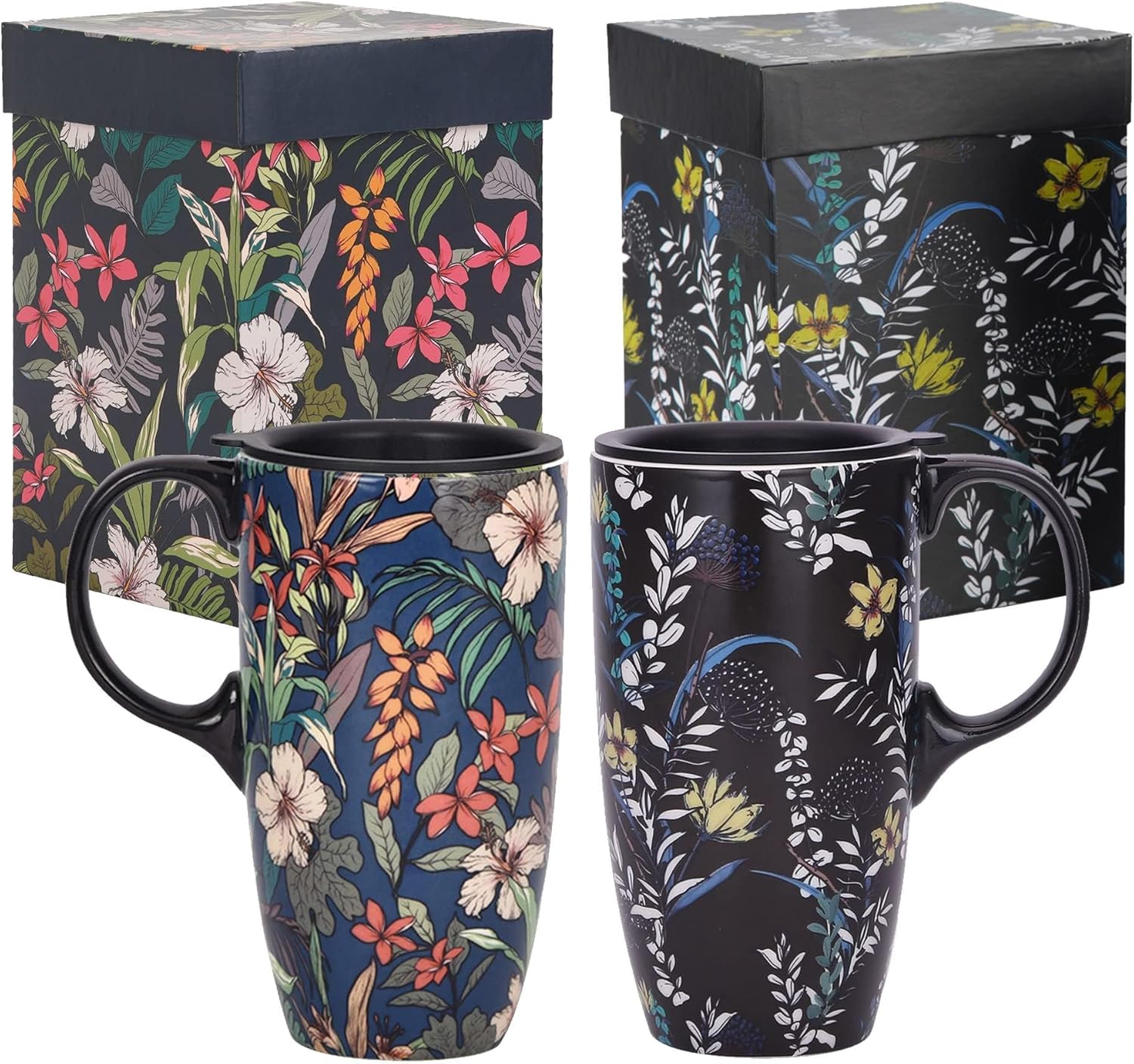 TZSSP Coffee Ceramic Mug Porcelain Latte Tea Cup With Lid 17oz. 2pack Blue and Black