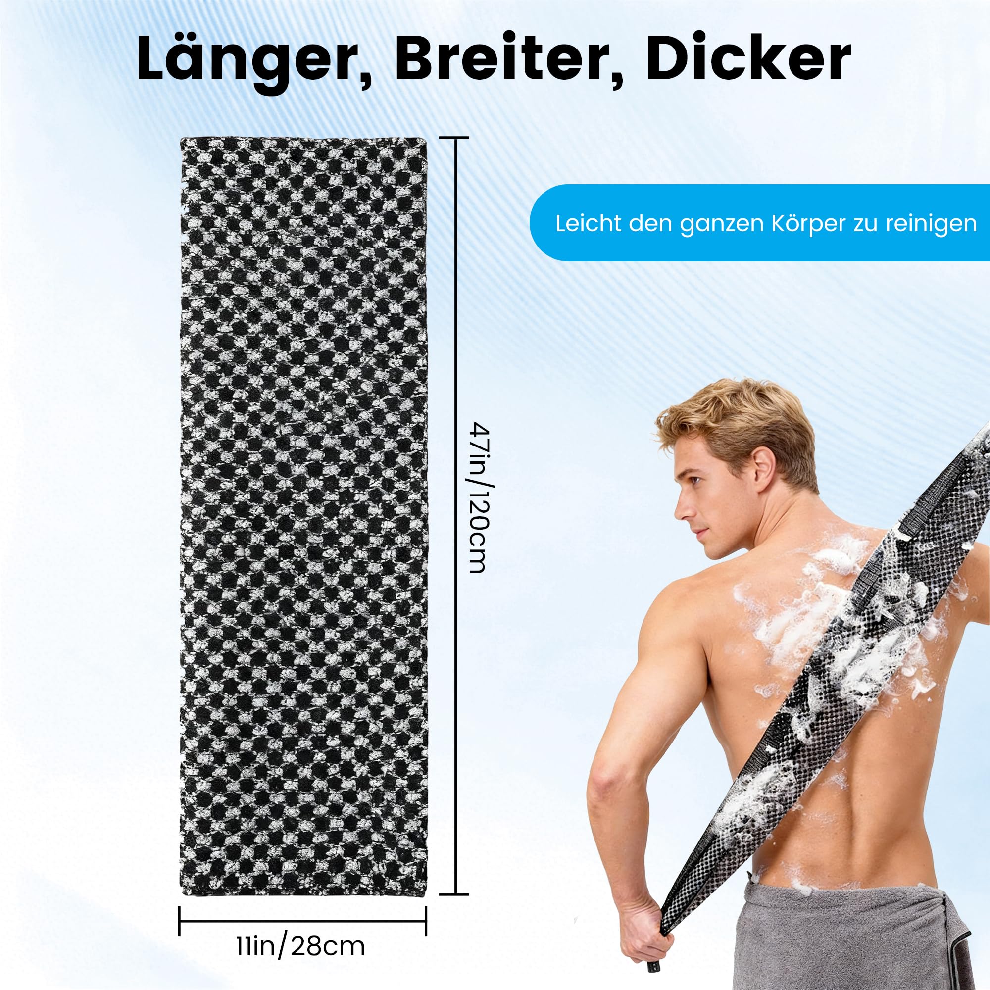 Blissal Exfoliante antibacteriano toalla de ducha, Peeling cuerpo de ducha, Accesorios de ducha de cepillo de espalda, Exfoliante ducha Schwamm scrubber, Loofah Schwamm für Männer Fraue (negro) — view 2