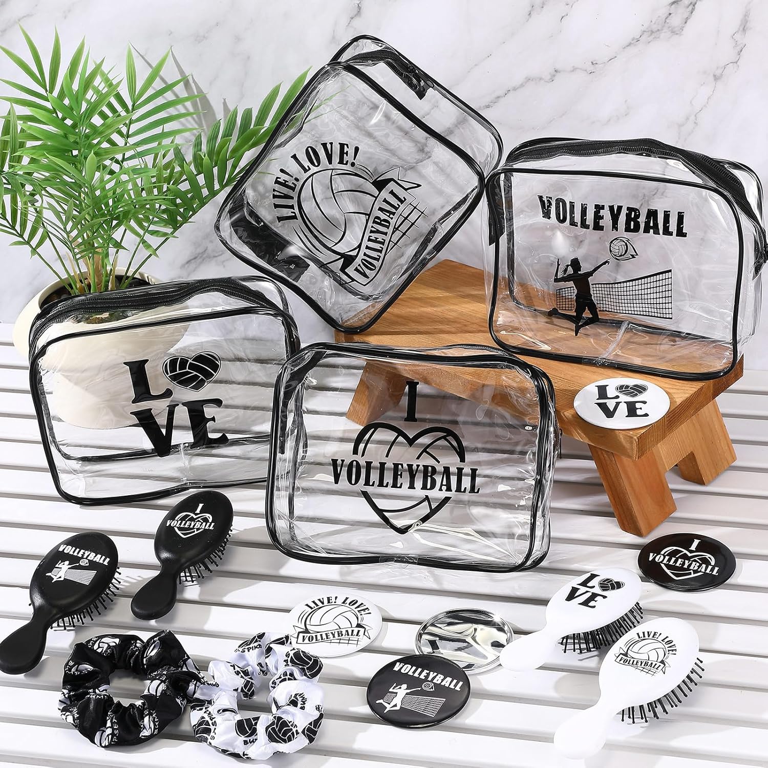 48 Pcs Volleyball Gifts for Team Bulk Volleyball Party Favors Include PVC Cosmetic Bags Makeup Mirror Hair Scrunchies Detangling Brush Sports Accessories for Women Players Sports Lovers