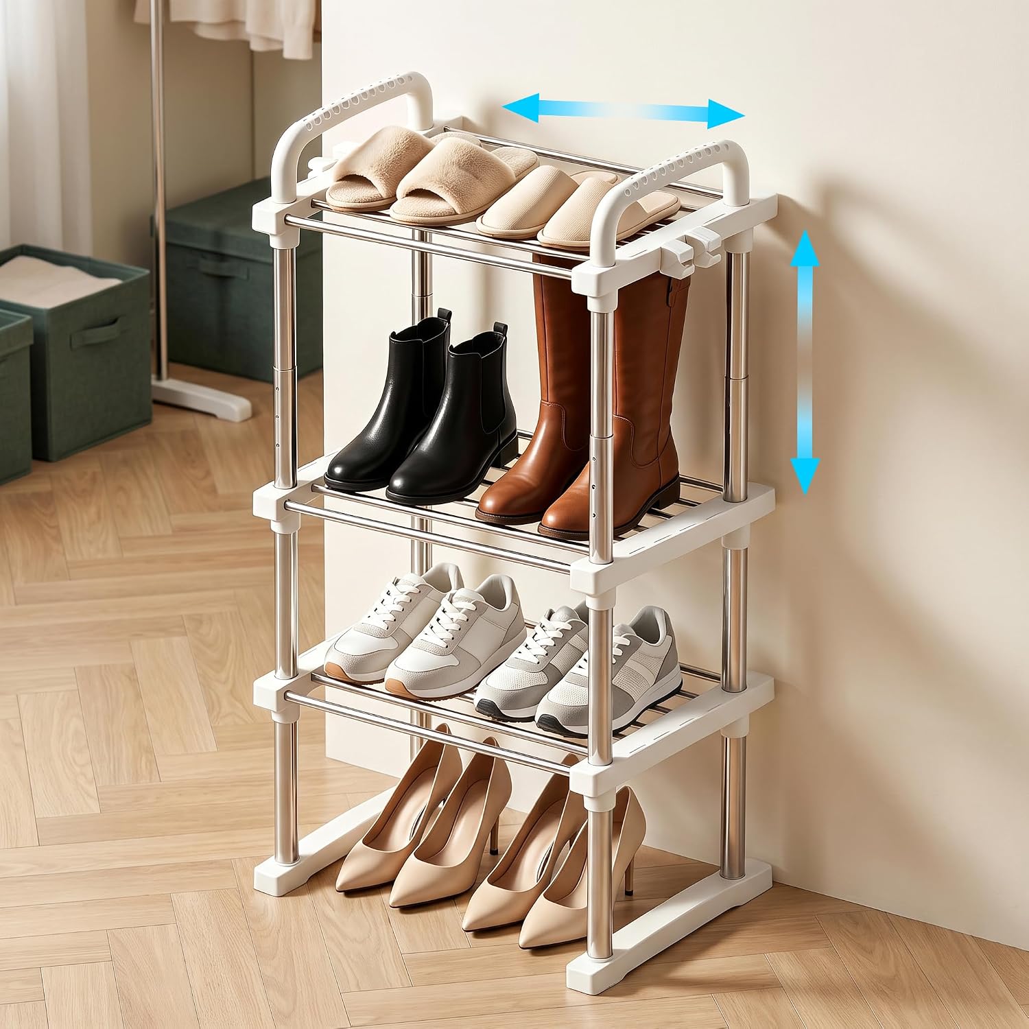 BLULEE Expandable Shoe Rack,Adjustable Height Boot Organizer,3-Tier