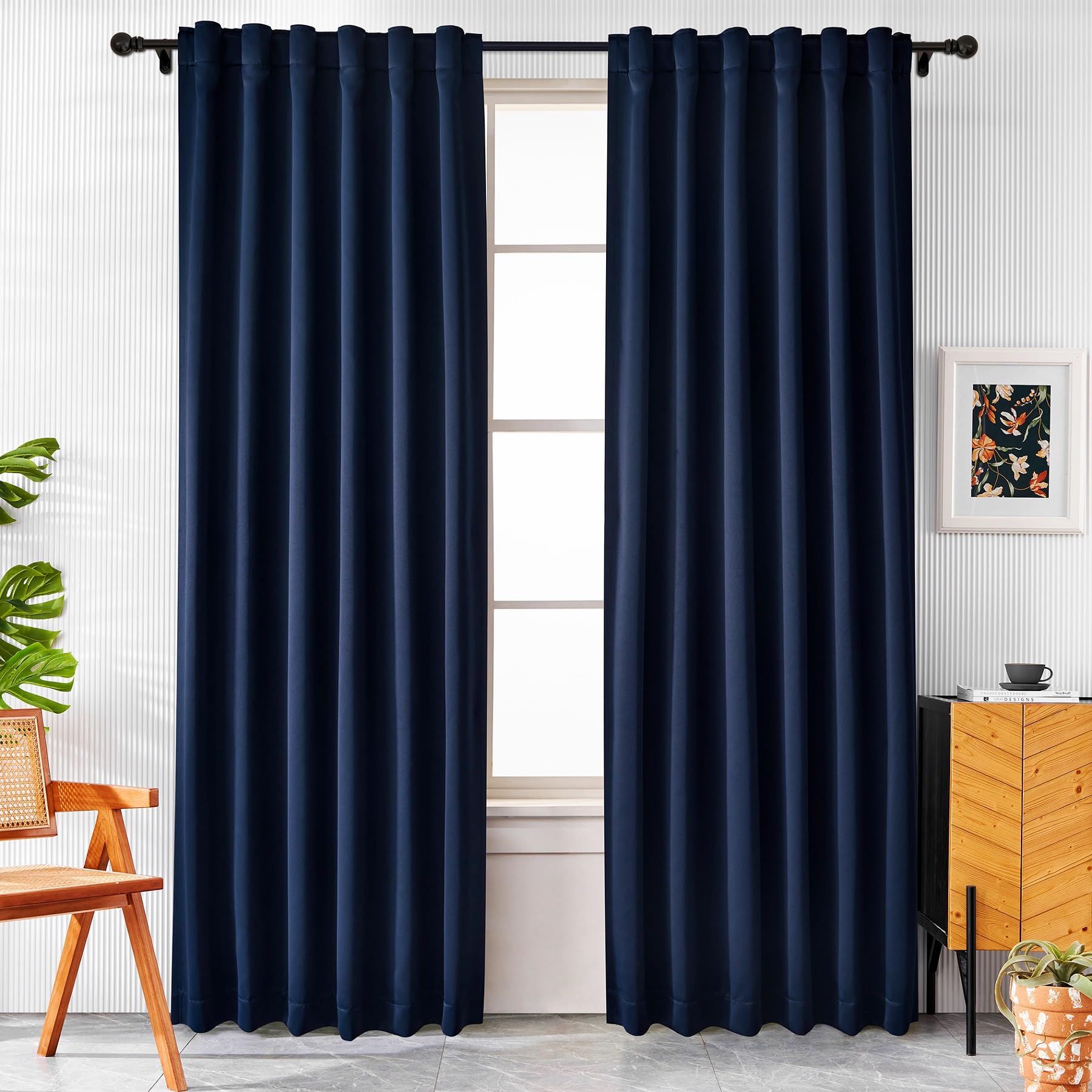 Pickluc Blackout Curtains 63 Inches Long 2 Panels, Black Out Drapes for Bedroom or Living Room, Back Tab and Rod Pocket Top, Set of Two, Navy, 52"