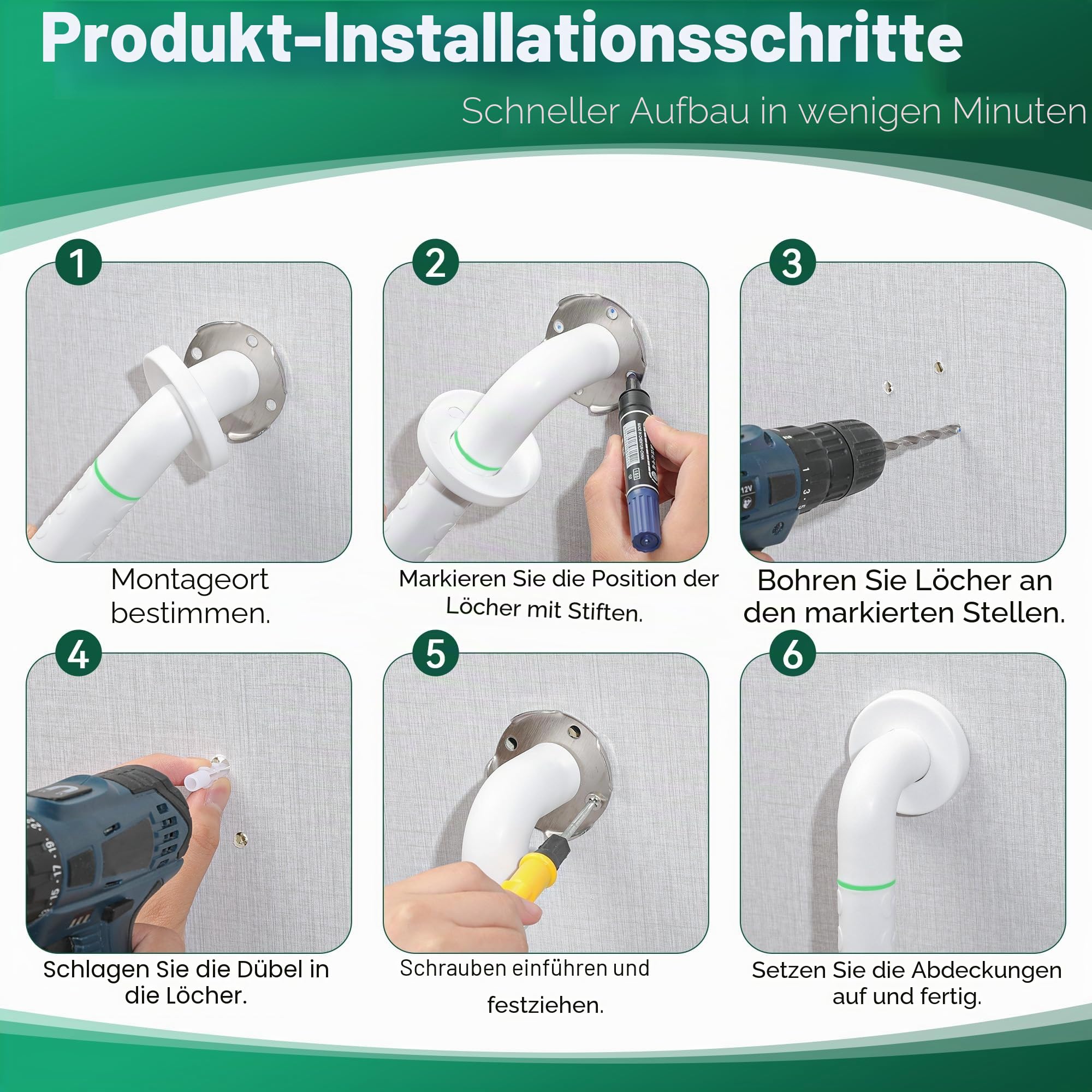 Fanwer 2er Pack Anti-Slip Badezimmer Griffschiene, Weißer Edelstahl-Duschhandlauf, Sicherheitsgriffschutz für Senioren, Kinder und Menschen mit Behinderungen (24 Zoll)