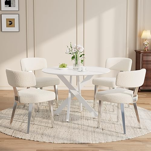 Miniatura 11 de Juego de mesa de comedor de madera para 2, mesa de cocina redonda de 36 pulgadas con 2 sillas de comedor Boucle, mesa de MDF con patas de metal