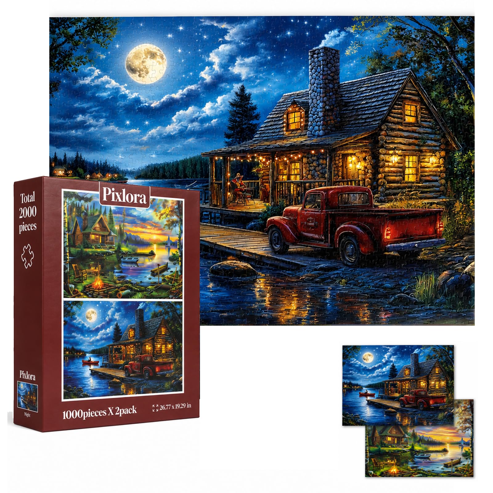 Puzzles for Adults 1000 Pieces, 2 Pack Unique 1000 Piece Lake and Night View Jigsaw Puzzles, Premium Scenic Landscape Puzzles & Nature Theme for Challenging Game Night
