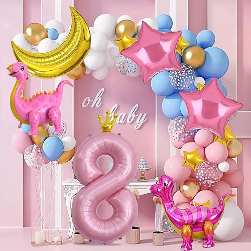 Miniatura 6 de 5 globos de dinosaurio rosa, globos de aluminio de Mylar con número de dinosaurio rosa, suministros de fiesta de 8 cumpleaños (8)
