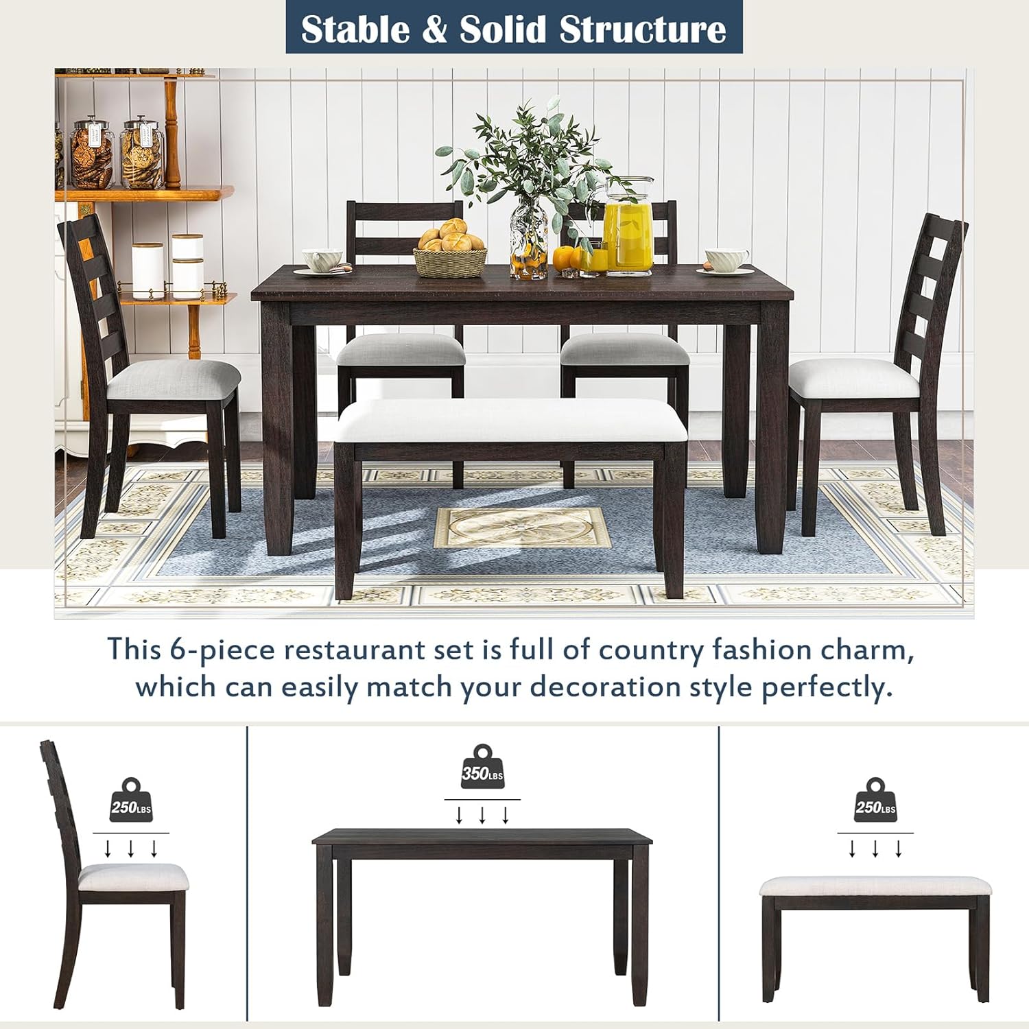 Farmhouse 6-Piece Rustic Style Dining Set,Including a Rectangular Wood ...