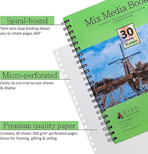 Miniatura 10 de Elan Cuaderno de bocetos A4, 80 hojas de papel italiano de 4.23 ozm, cuaderno de bocetos A4 encuadernado en espiral hecho para artistas, libro de