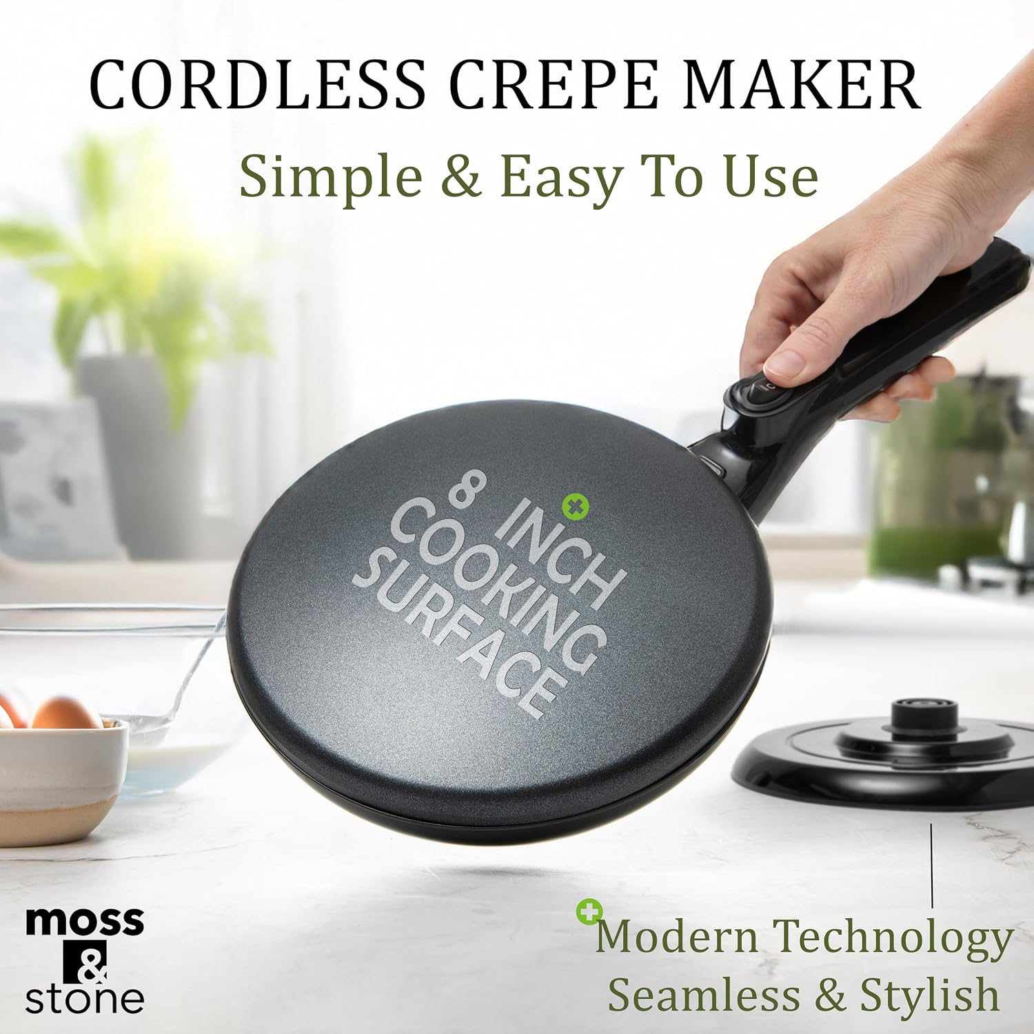 Moss & Stone Electric Crepe Maker – 8” Portable Crepe Pan Nonstick with Dipping Plate, Auto Shut-Off, On/Off Switch, Even Heating & One Automatic Temperature Control – Compact Crepe Maker, view 12