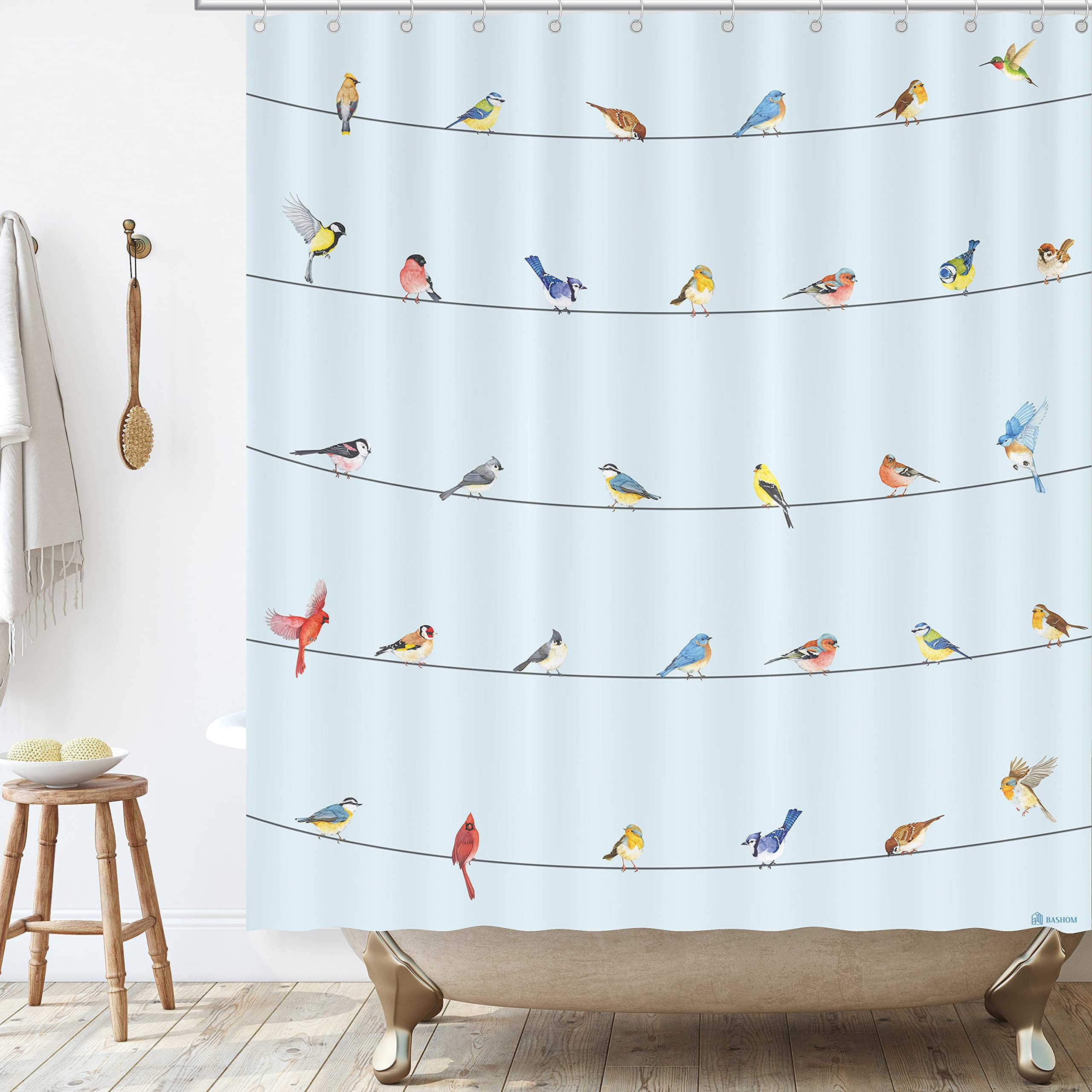 BASHOM BSC-216 Birds on Wires Shower Curtain Set for Kids Waterproof Washable Decorative Bathroom 71''x71'' (180x180cm) Polyester Fabric with 12 Hooks Colourful Educational