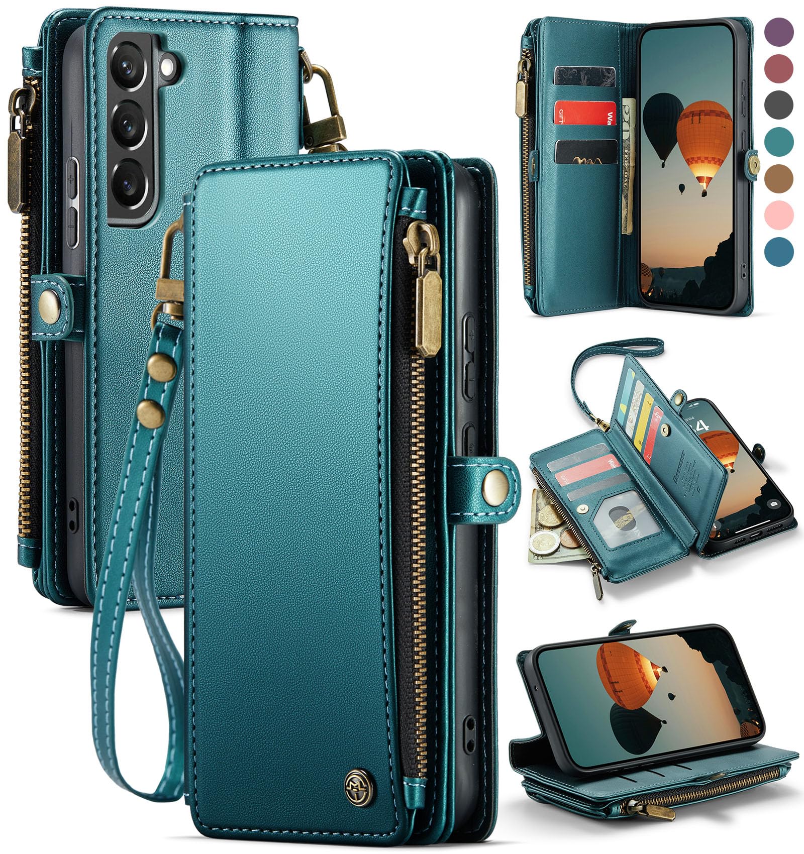Defencase Compatible with Samsung Galaxy S22 Plus Case Wallet with RFID Blocking Card Holder for Women Men, PU Leather Magnetic Snap Flip Zipper Strap