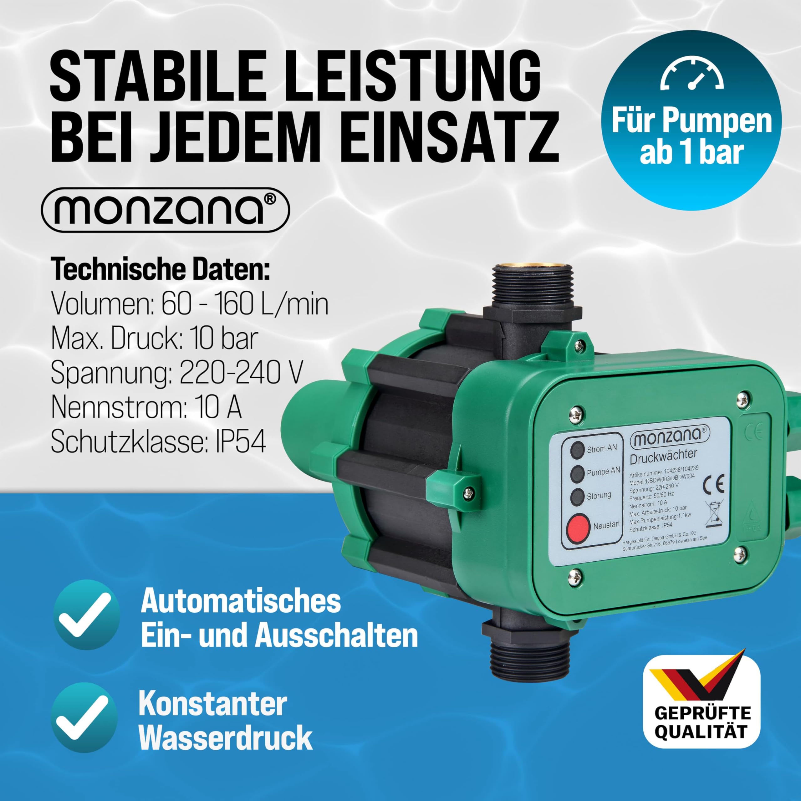 MONZANA® Druckschalter Wasserpumpe mit Kabel 10 Bar Trockenlaufschutz Pumpensteuerung Hauswasserwerk Druckwächter Gartenpumpe Drucktaster