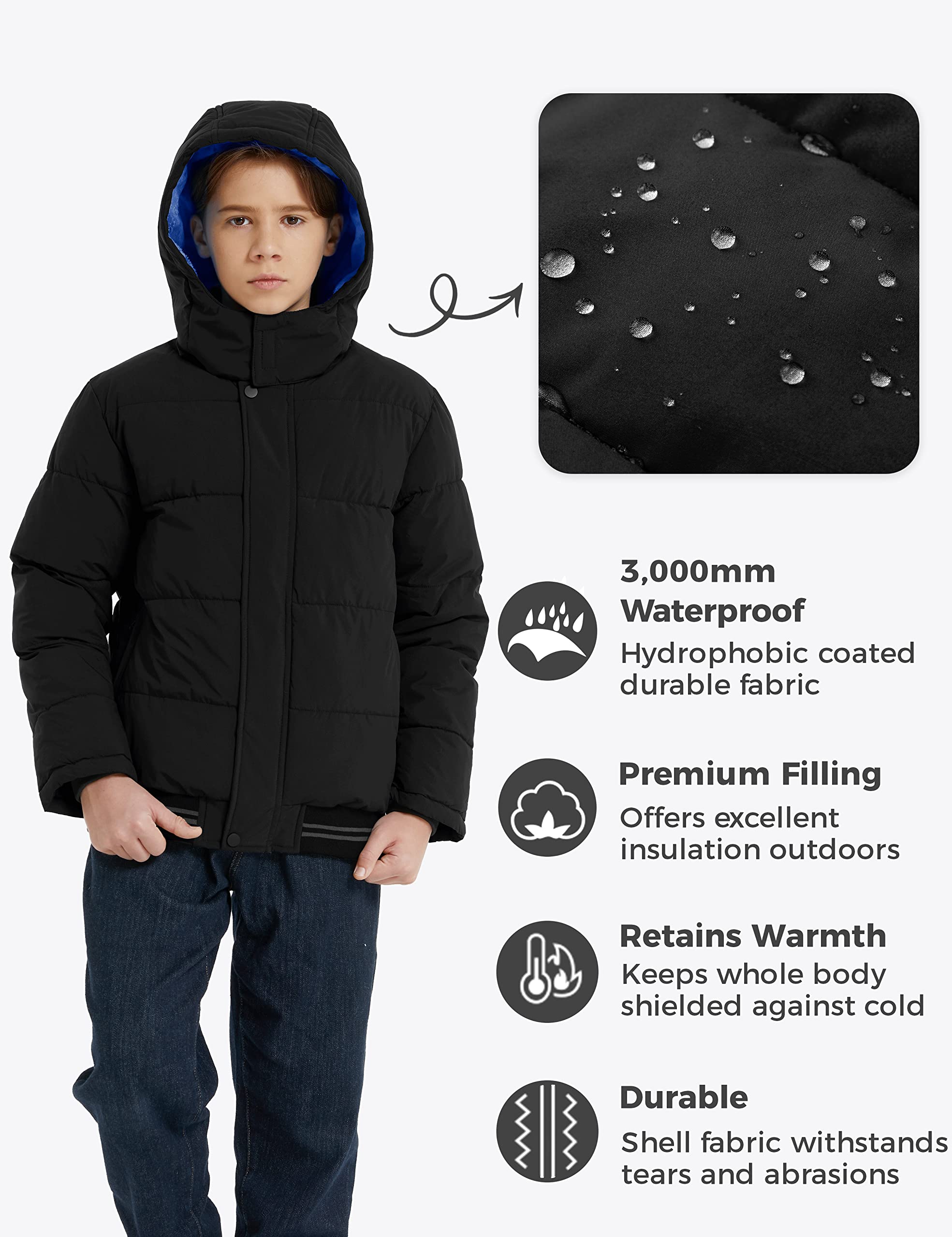Wantdo Garçon Veste à Capuche Polaire Chaud Veste d'Extérieur d'hiver Manteau Matelassé Veste Rembourrée en Coton Vêtements d'Extérieur de Randonnée