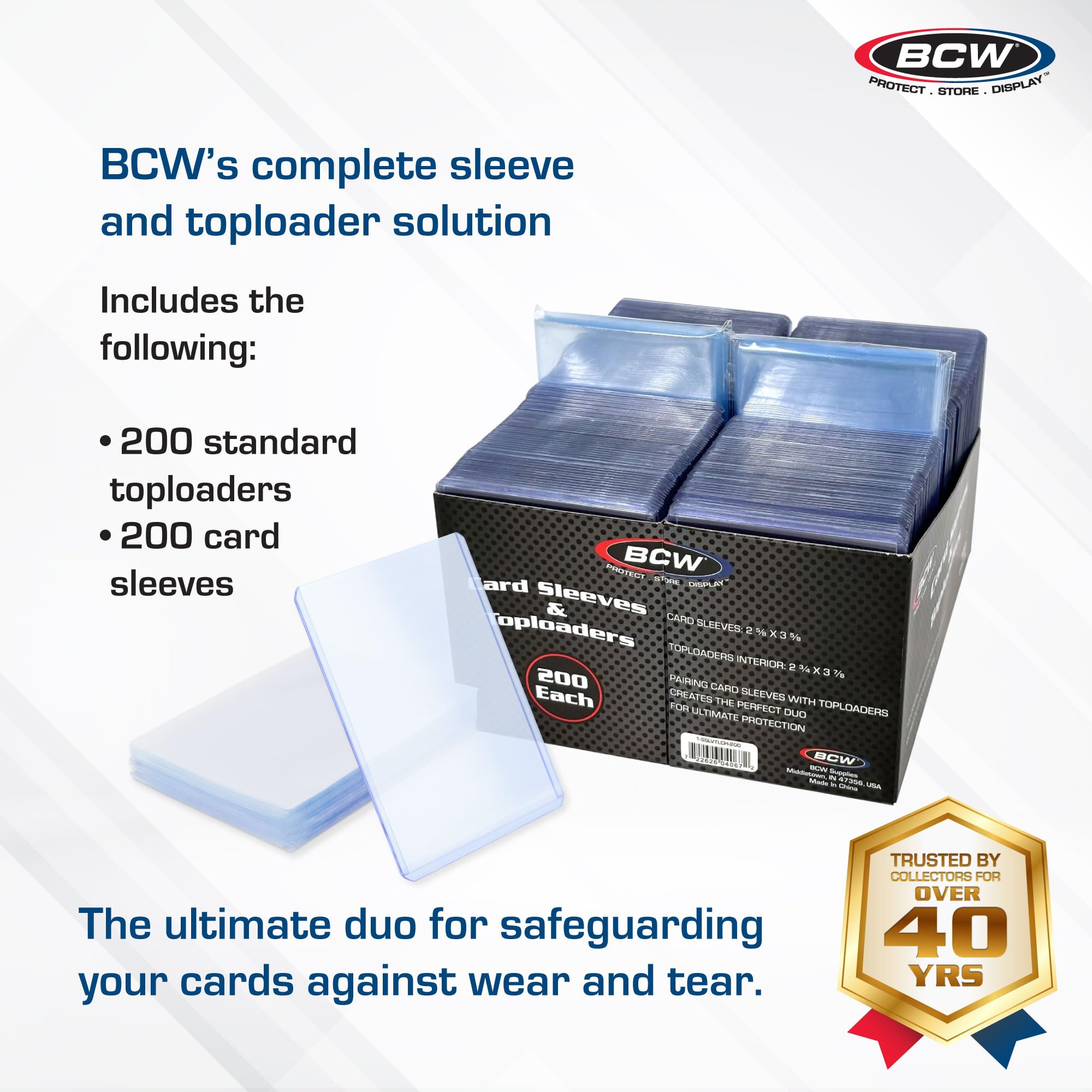 BCW Paquete combinado de fundas para tarjetas y cargadores superiores, 200 cargadores superiores y fundas de 200 centavos, protege, almacena y muestra tarjetas comerciales, protectores de tarjetas sin