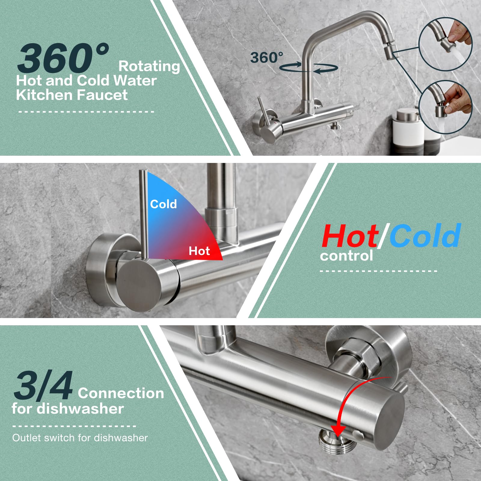 BuntHaus Kraan voor keuken, wandmontage, 3/4 inch aansluiting voor vaatwasser/wasmachine, roestvrijstalen wandarmatuur, 2 straalsoorten, flexibele uitloop