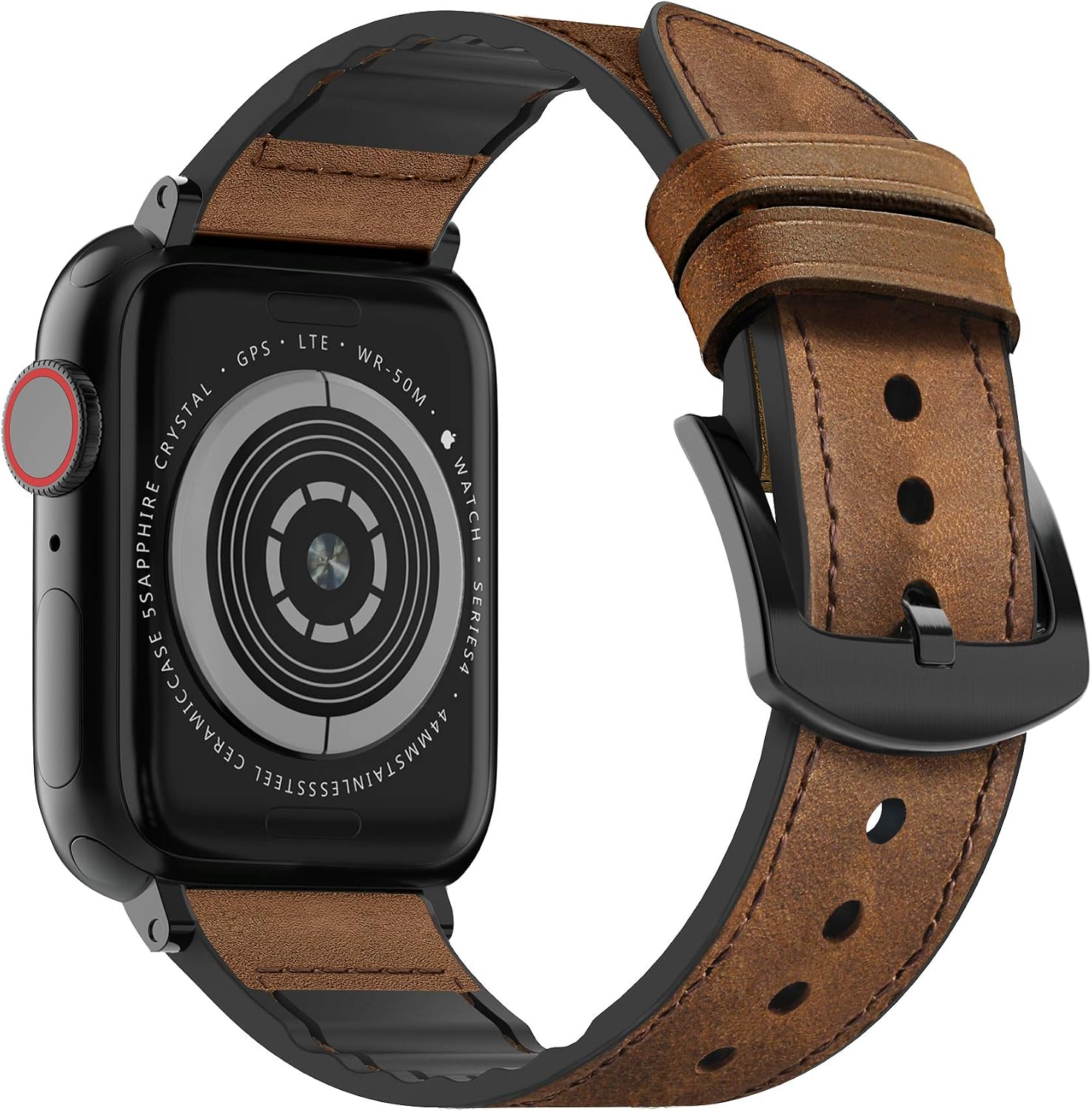 MARGE PLUS Compatible Apple Watch Band 44mm 42mm, Sweatproof Hybrid Genuine Leather and Silicone Sports Watch Band Replacement for iWatch SE Series 6 5 4 3 2 1, Brown