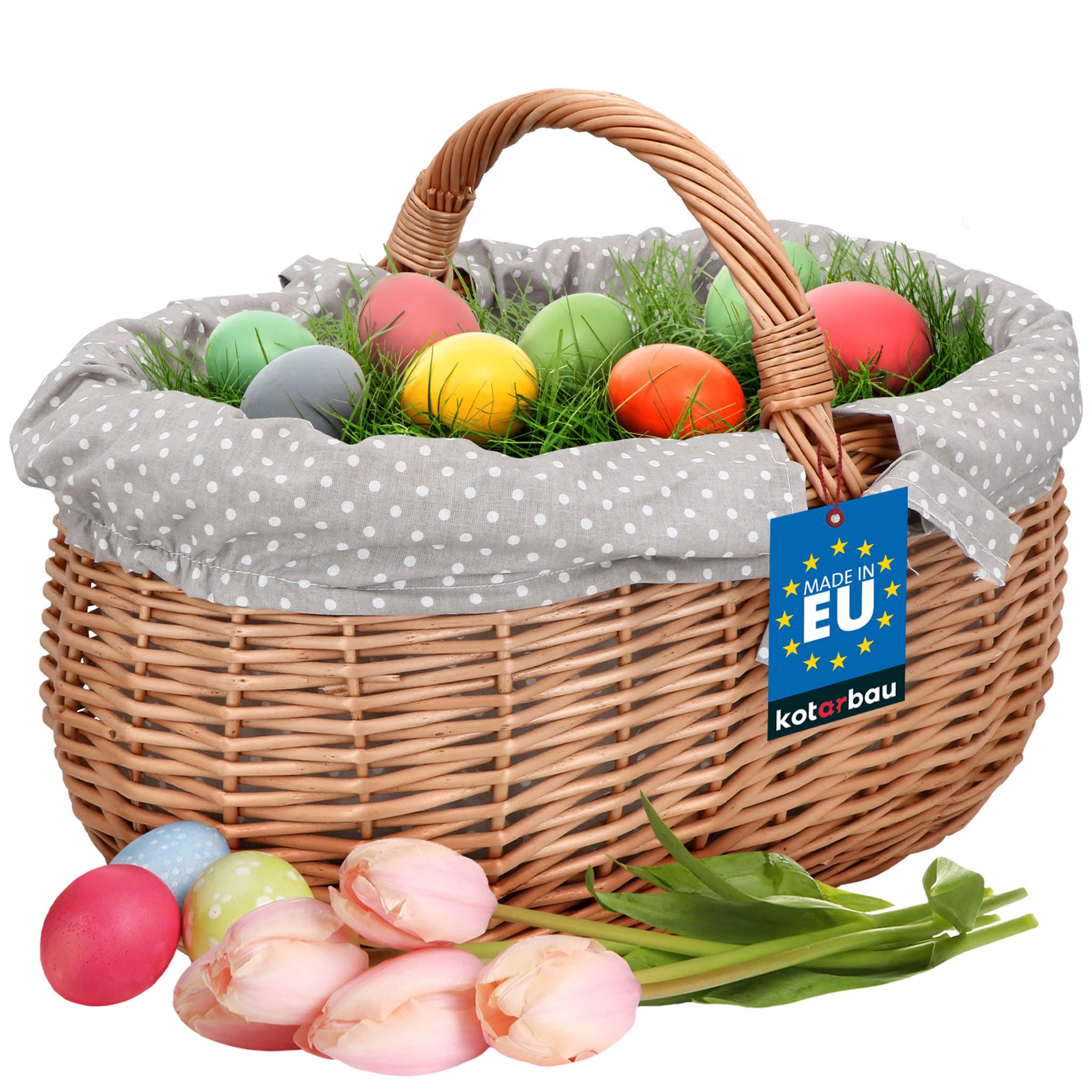 KOTARBAU® Cesto Vimini - con Manico - Cesto Funghi - 47 x 31 x 32 cm - Grigio Naturale - Cestino con Stoffa Interna - Naturale - Grande Capacità - Leggero