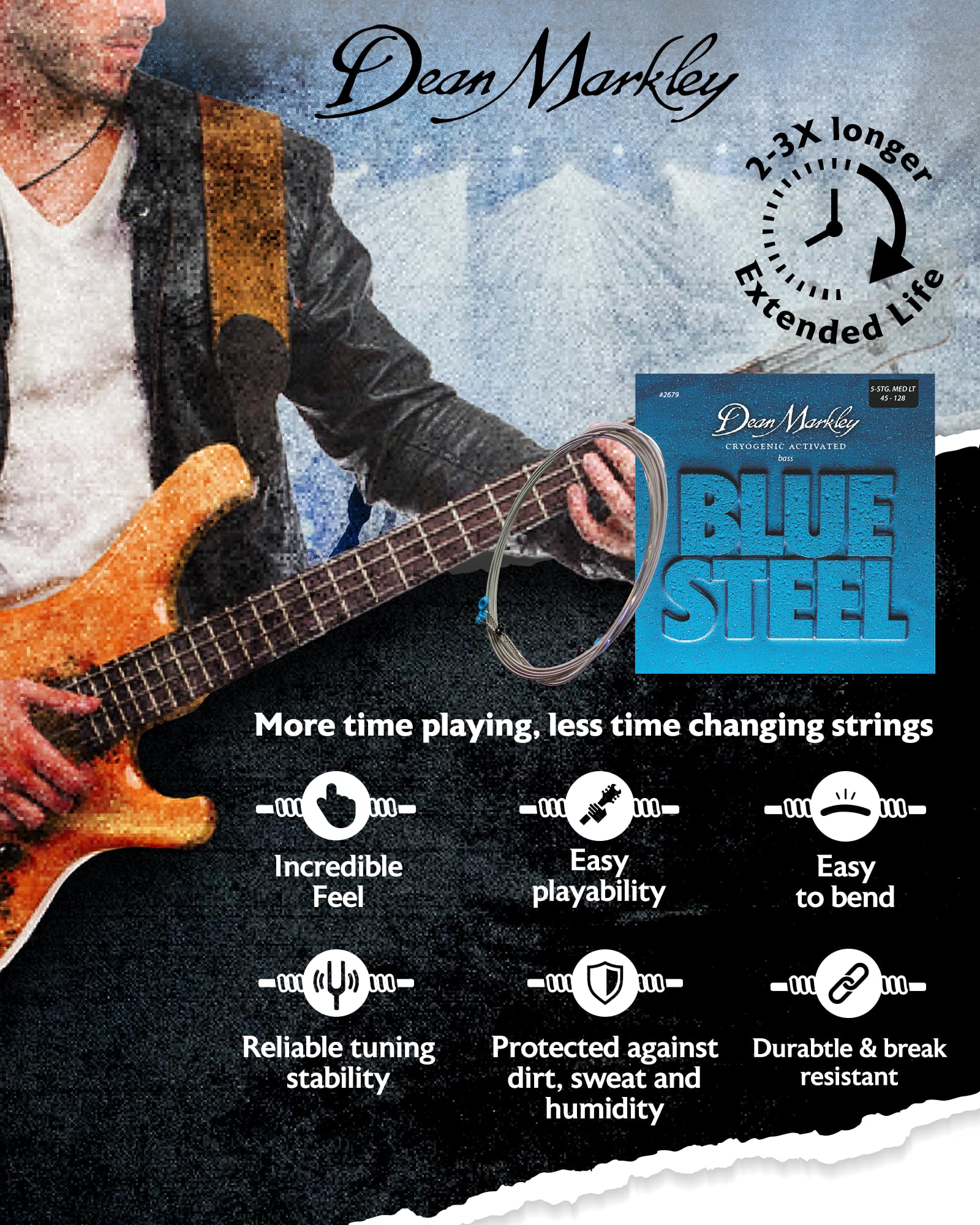 Dean Markley 2679 Blue Steel Saiten für Bassgitarren, Stärke ML .045-.128, 5 Stück, Blue Steel Bass ML 2679, blau