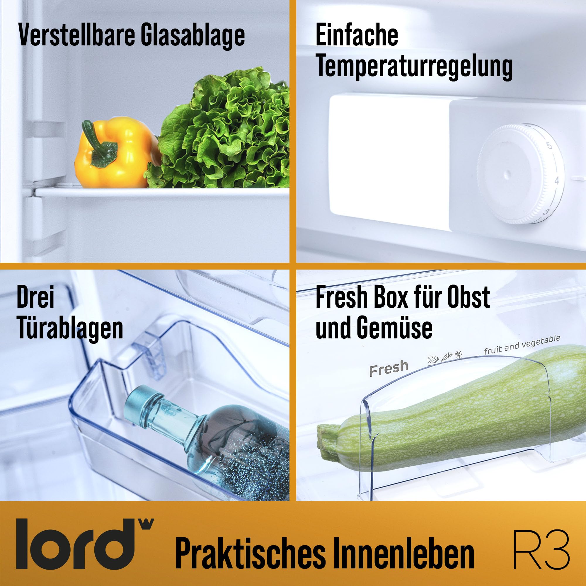 Lord R3 Kühlschrank mit Gefrierfach, 85 cm hoch, 109 L, Energieklasse D, leise 37 dB, freistehend - Mini Kühlschrank mit 14 L Gefrierfach, weiß