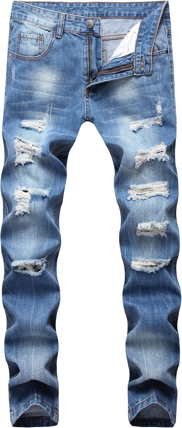 DANT BULUN Men’s Ripped Distressed Destroyed Slim Fit Straight Leg Denim Jeans