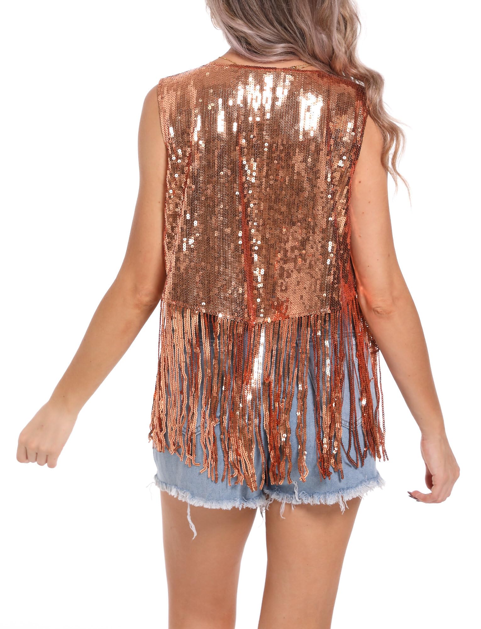 FEOYA Chaleco con flecos de lentejuelas para mujer, tops brillantes con purpurina, camisa de discoteca, cárdigan con borlas, traje occidental