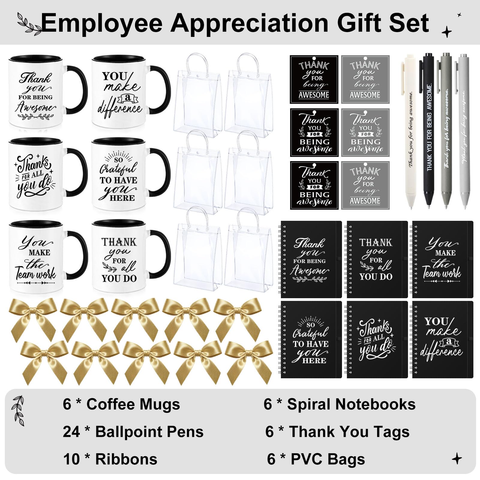 Baderke 6 Sets Employee Appreciation Gifts Bulk Include 12 oz Appreciation Mugs Inspirational Spiral Notebooks and Pens Thank You Staff Gifts for Employee Coworkers Volunteer Team Favors (Black)