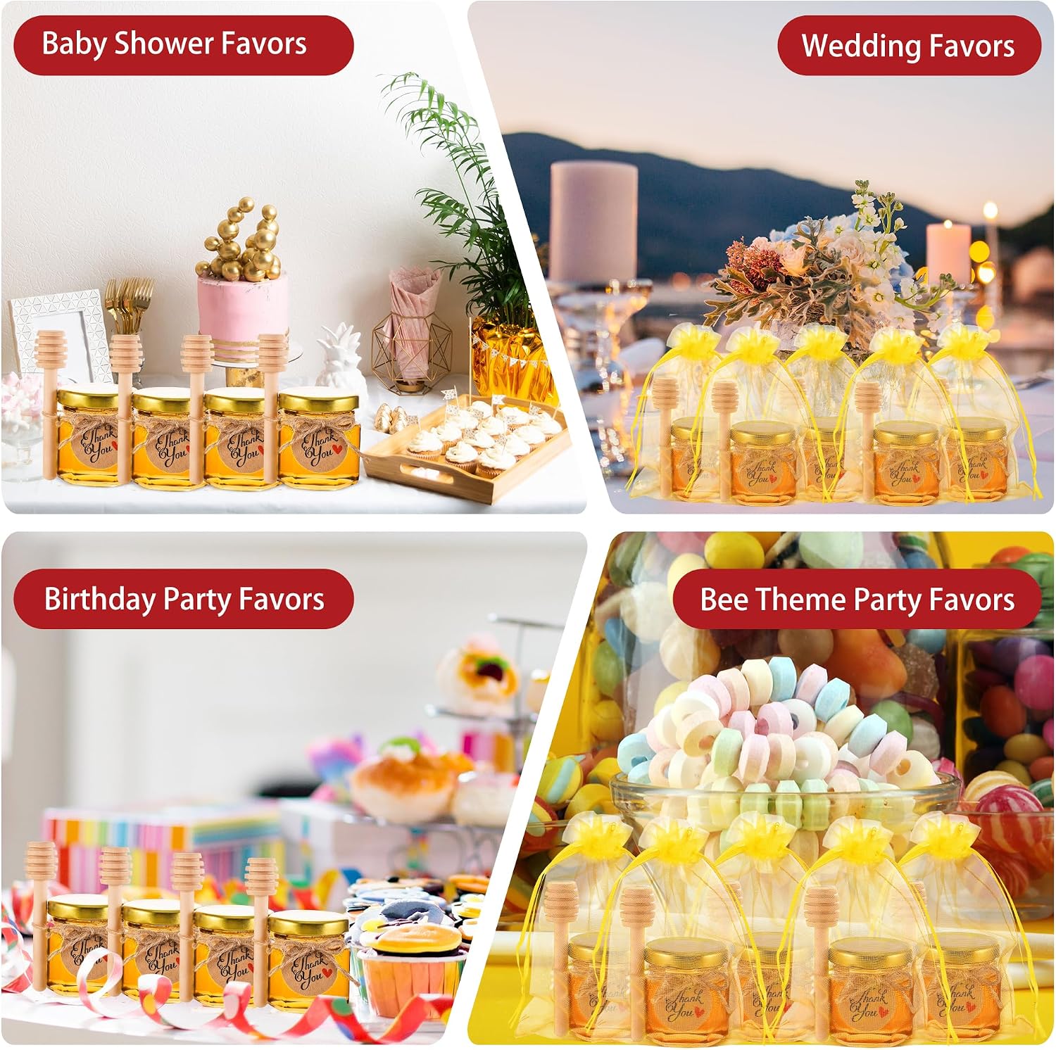  1.5 oz Mini Glass Honey Jars Party Favors,8 Pack Small Hexagon Glass Honey Jars with Dippers,Lids,Gold Bags,Thank You Cards,Jutefor Baby Shower Favors,Wedding party gift thumbnail