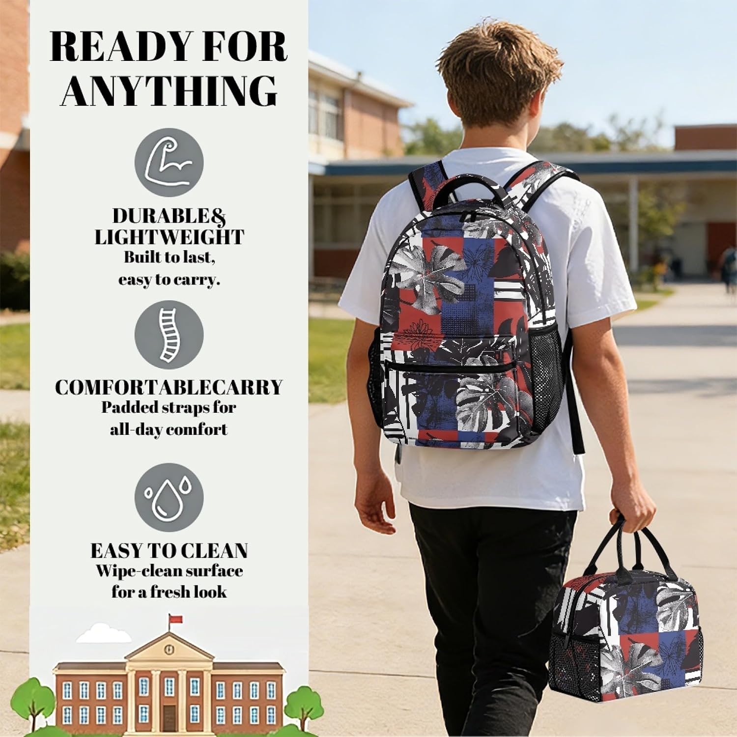 Amzbeauty American Tropical Leaf Print School Backpack Set For Boys Camping Travel Student Bookbag With Insulated Lunch Box Zipper Pencil Case