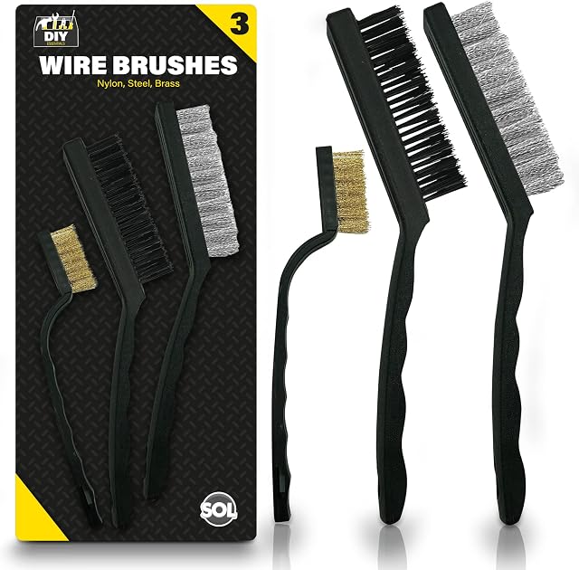 3pk Wire Brush Set | Durable Sturdy Wire Brushes for Cleaning | Brass Wire Brush, Metal Brush and Nylon Brush | 1 Small Wire Brush and 2 Medium Wirebrushes for Cleaning and Polishing