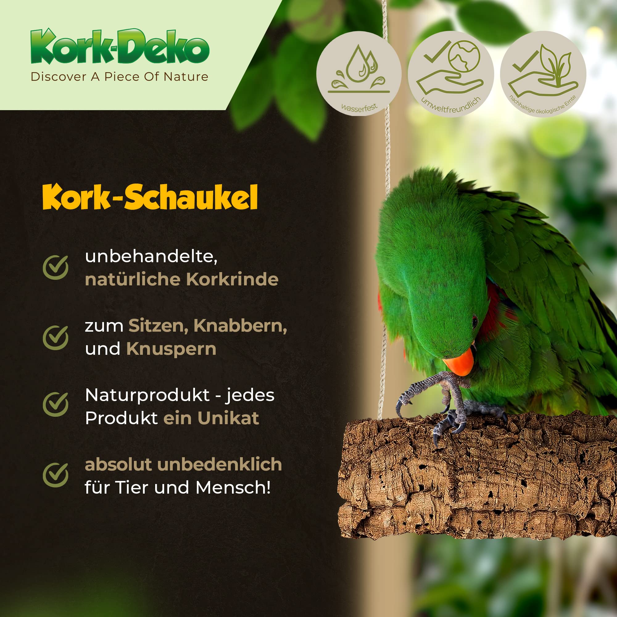 Korkröhre als Schaukel für Vögel | Röhre aus Naturkork | zum Schaukeln, Spielen, Anknabbern & Knuspern | Reine Kork-Rinde, desinfiziert | Karabinerhaken aus Edelstahl